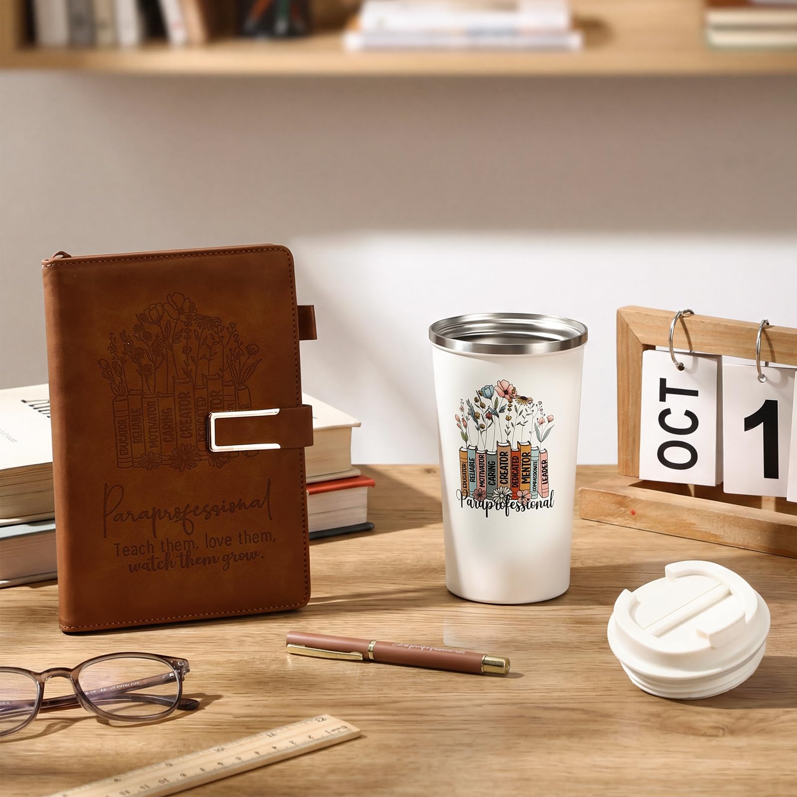Pickmesh 3 Pcs Paraprofessional Appreciation Gifts Set Paras Gift 17 oz Coffee Tumbler A5 Leather Notebook Journal Pen for Teacher Assistant Administrative Professional Day