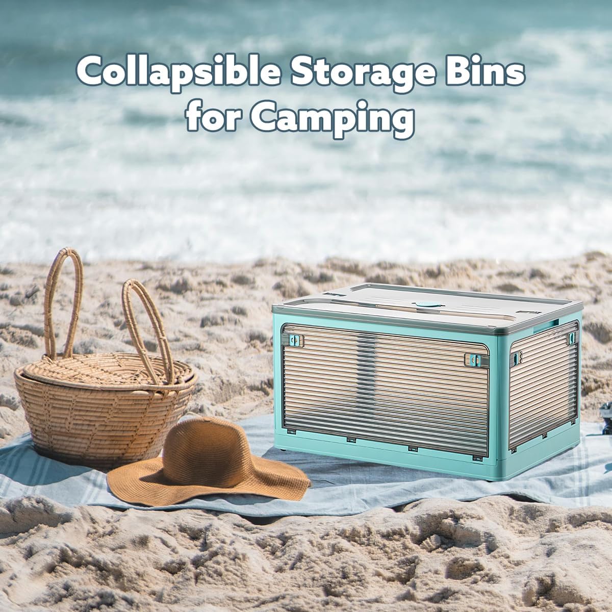 2 Pack Plastic 4 Doors Collapsible Storage Bins with Lid & Wheels, 50 Liters Folding Storage Bins, Stackable Multifunctional Box for Camping Clothes Snack Storage