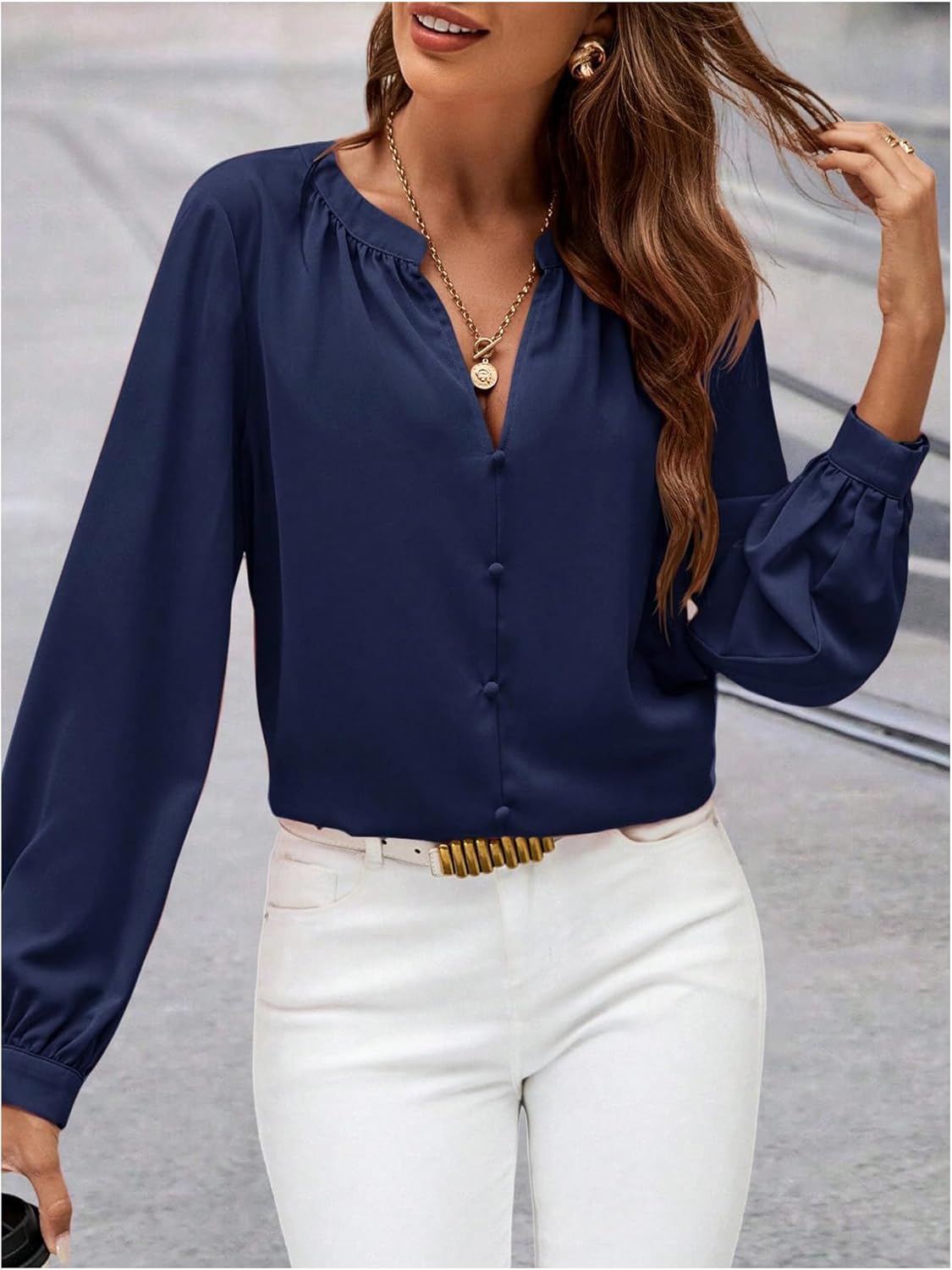 Women's Long Sleeve Dressy Casual Blouses Elegant Button Front Notch Neck Shirts Business Casual Tops - Image 5