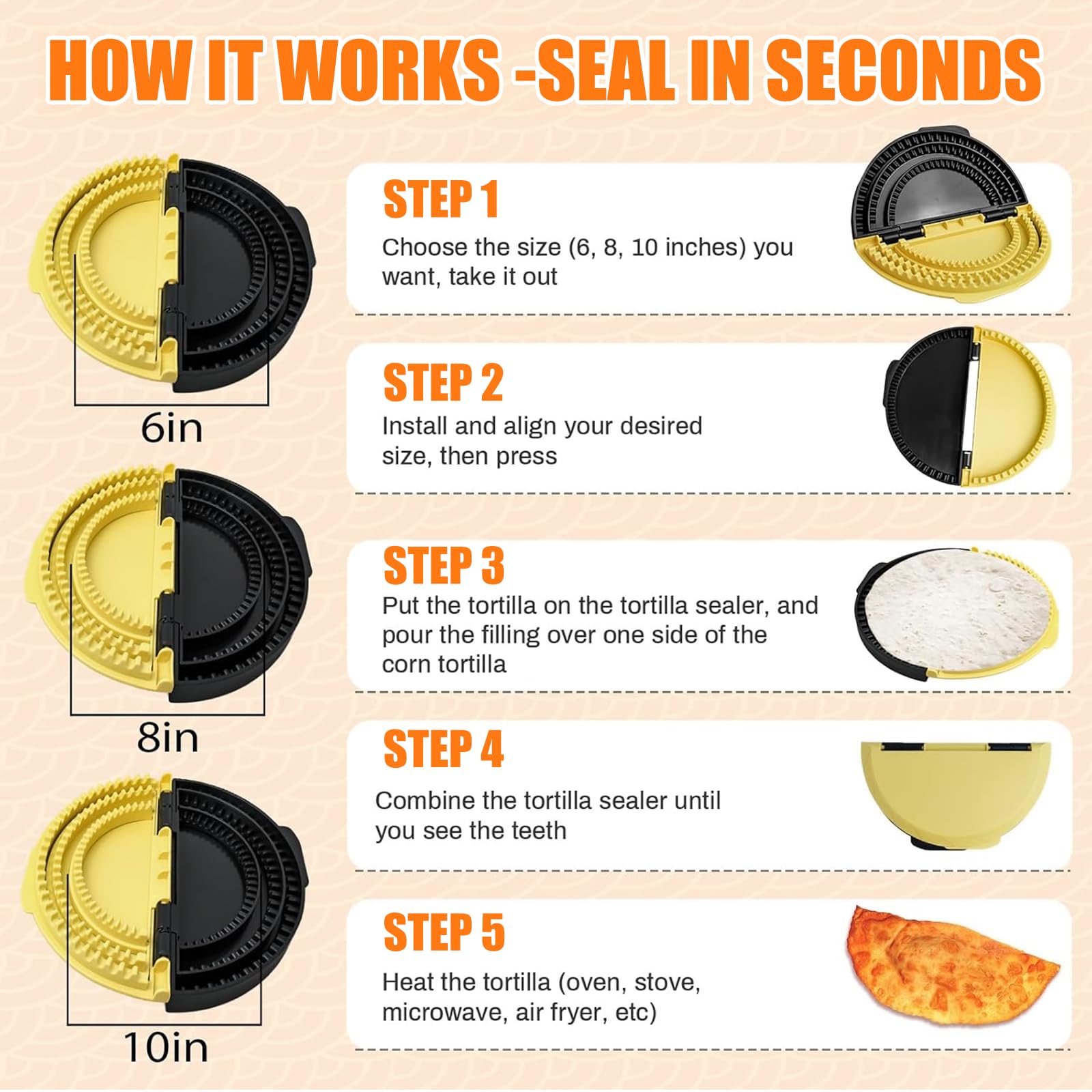Sellador de Tortilla 3 en 1, 15,2-20,3-25,4cm Desmontable Maquina de Hacer Tortillas, Crimpadora para Envolturas, para Tostadas, Sandwichera, Bola de Masa Hervida, Burritos (Negro y Amarillo)