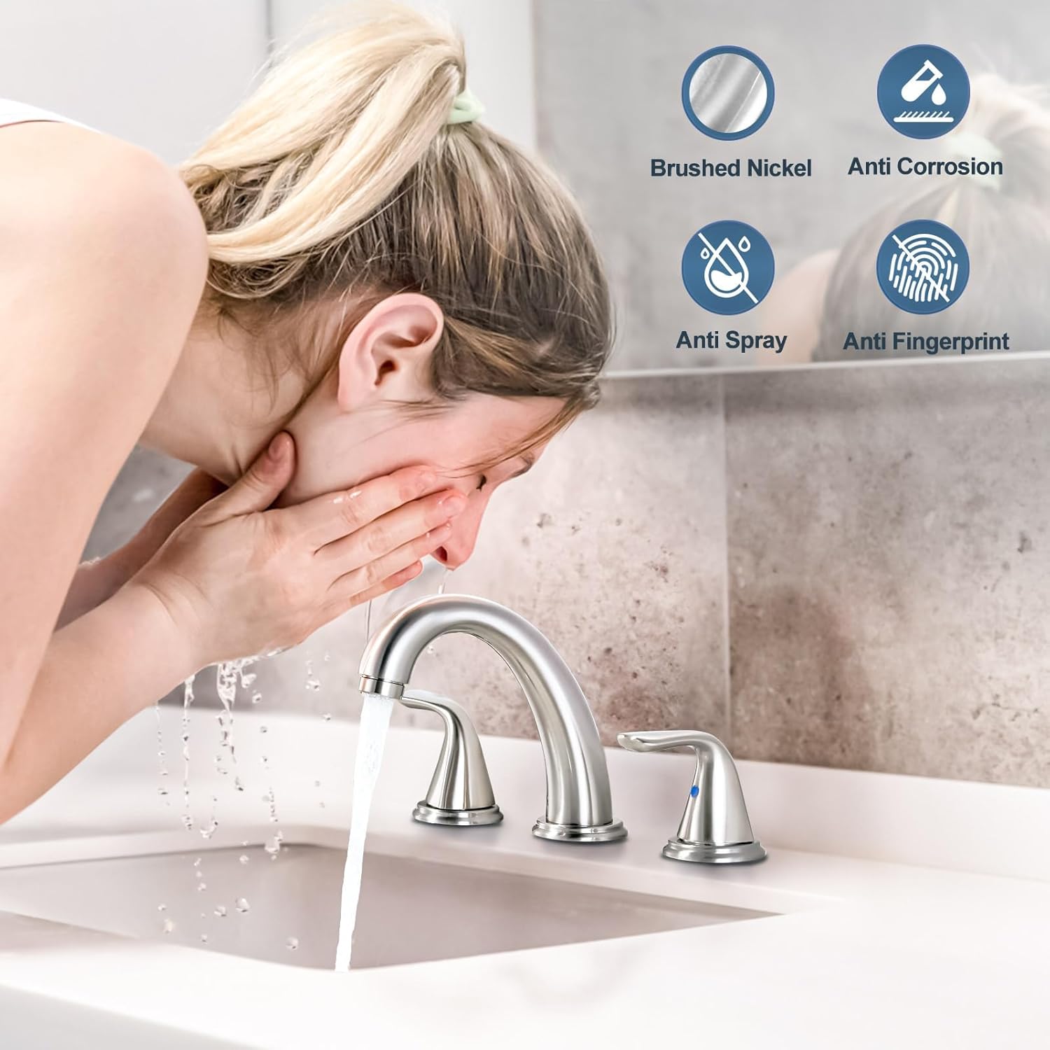 A person washing their face under the ALEASHA Widespread Bathroom Faucet, illustrating the brushed nickel finish's anti-spray, anti-corrosion, and anti-fingerprint properties.