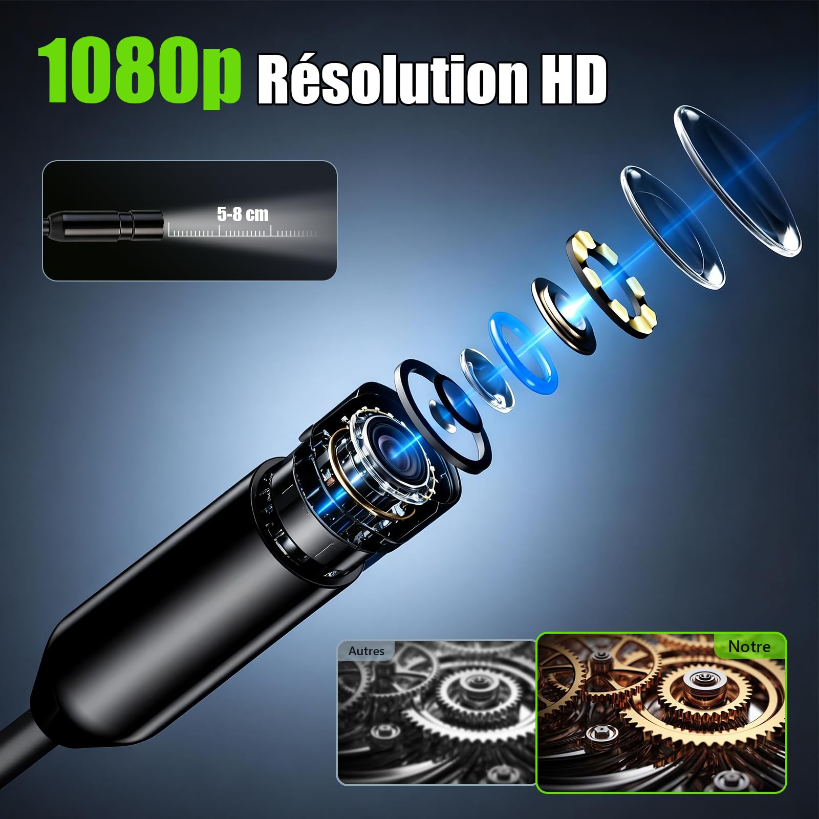 Camera Endoscopique 4.3'' Écran IPS 1080P HD – Caméra d'Inspection Étanche IP67 avec 8 LED et Sonde 8mm, Câble Semi-Rigide 5M avec 32GB Carte TF pour Canalisation, Voiture, Tuyau, Atelier