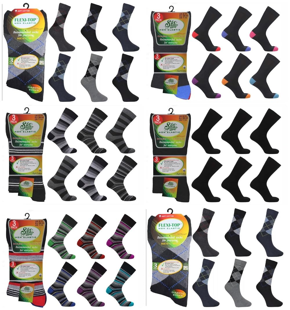 Comfort-Style Men's Random Designs (24 Pairs) Diabetic Soft Cotton Socks Random Design – Non-Elastic Loose Top Comfort Cuff – Wholesale Job Lot Multipack Bulk Socks Uk 6-11 (Uk, Numeric, 6, 11, Regular, Regular, )