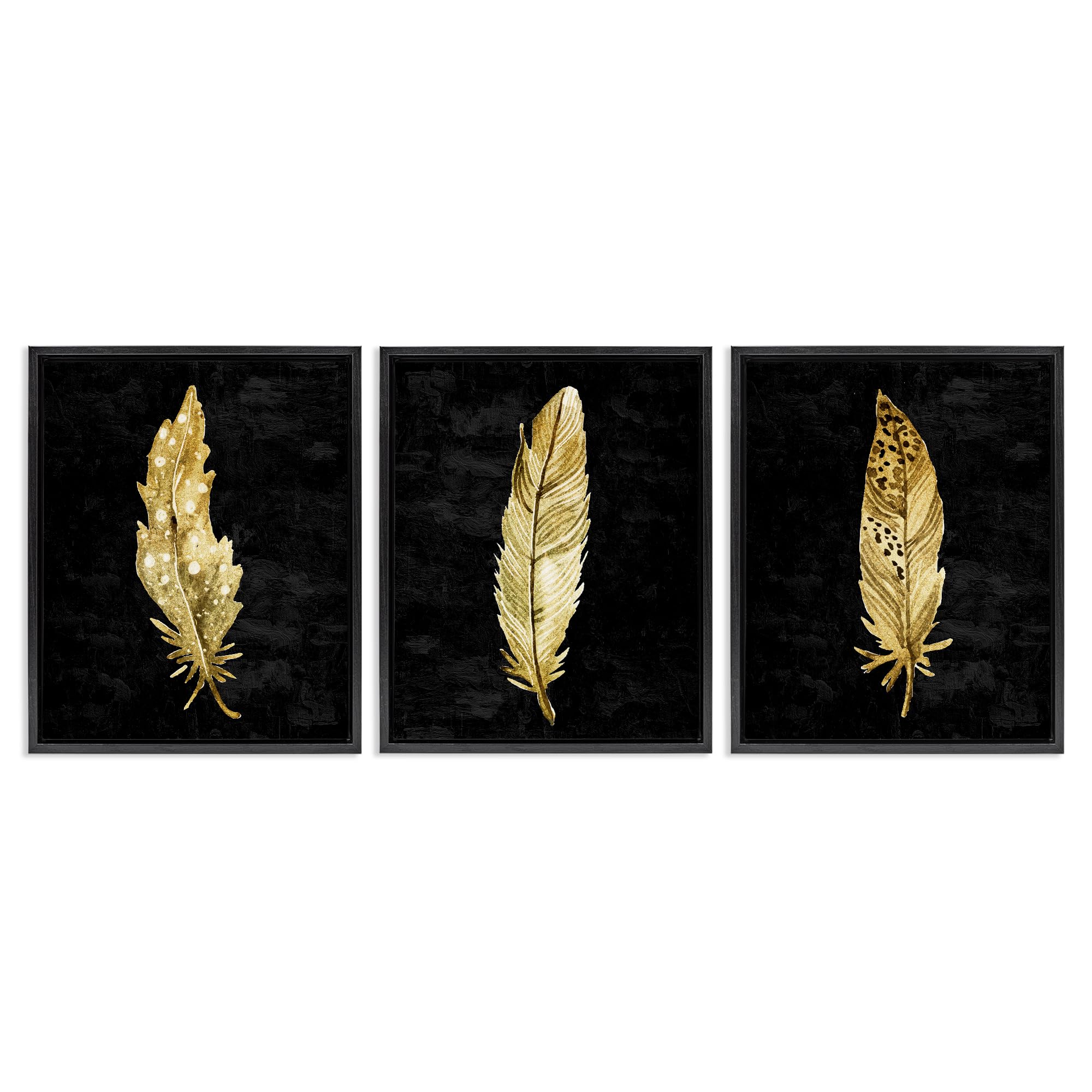 Stupell Industries Black & Gold Feathers 3 Piece Black Framed Floater Canvas Set, design by Kim Allen, 21 x 17