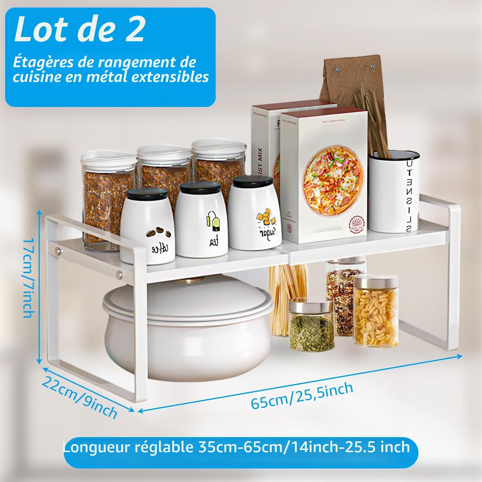 AKOLAFE 2 Pièces Rangement Placard Cuisine Extensible 35-65 Cm, Étagère Rangement Cuisine Métal Blanc 22 x 17 cm, Organisateur Réglable pour Plan de Travail et Bureau