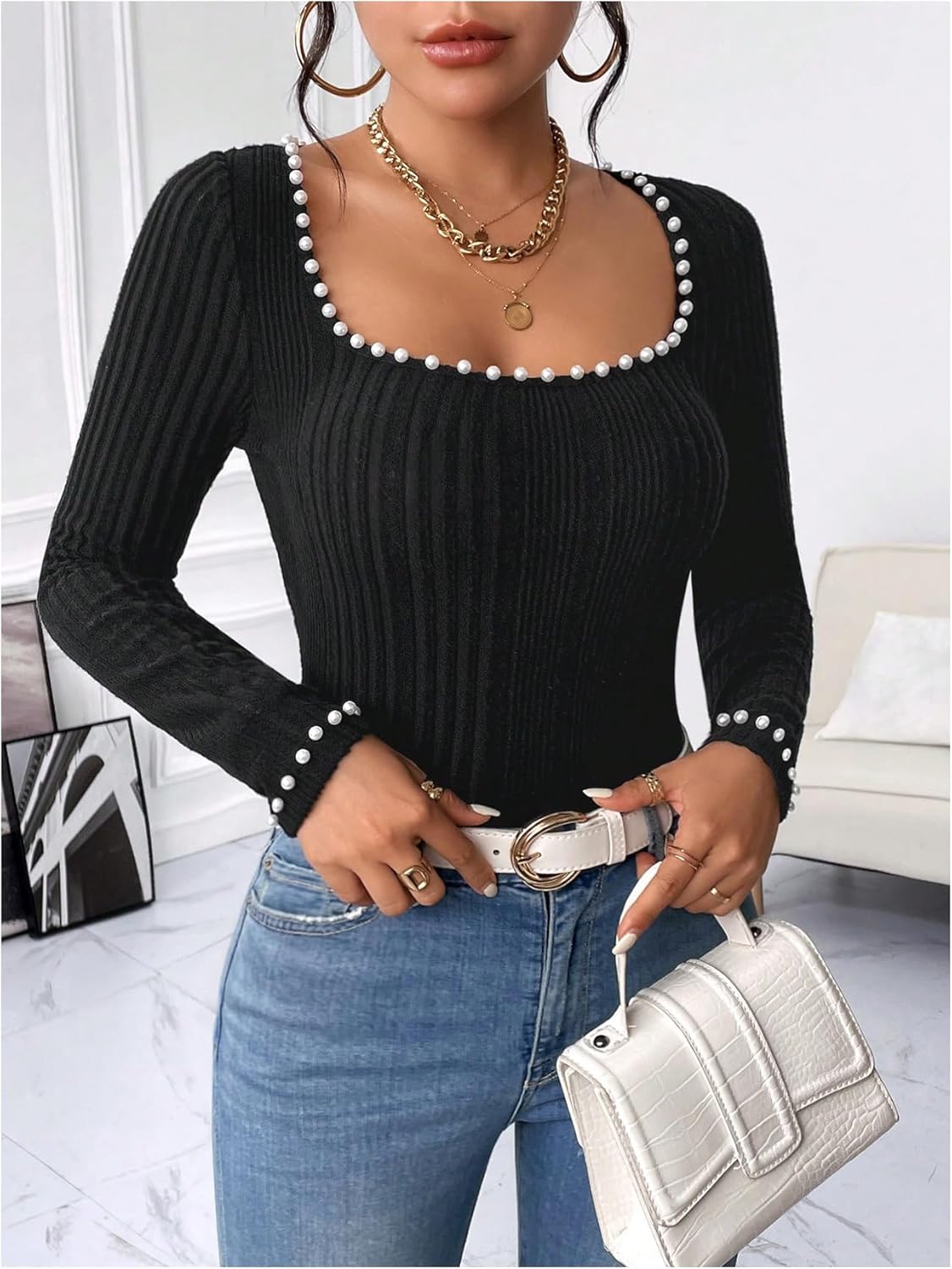 WDIRARA Women's Pearls Square Neck Long Sleeve T Shirt Rib Knit Tee Slim Fitted Top - Image 4
