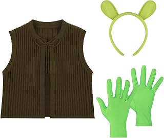Mepase 3 Pcs Halloween Ogre Cosplay for Adult Green Man Costume Ogre Ears Gloves Brown Vest for Halloween Cosplay Party Favor