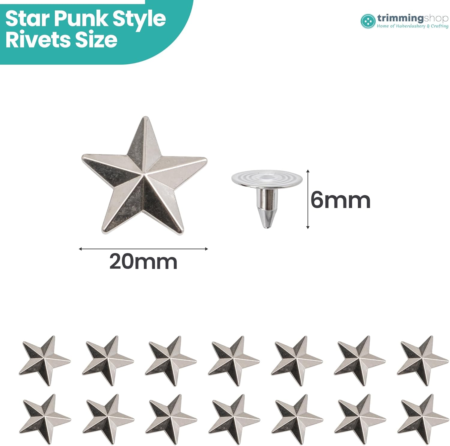 Trimming Shop Star-Shaped Studs with Back Pins Hammer-On Punk Rivets (20mm, Silver, 50pcs)