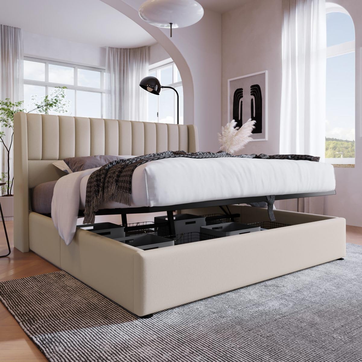 Letto contenitore imbottito in lino 180×200 cm - con LED e ricarica