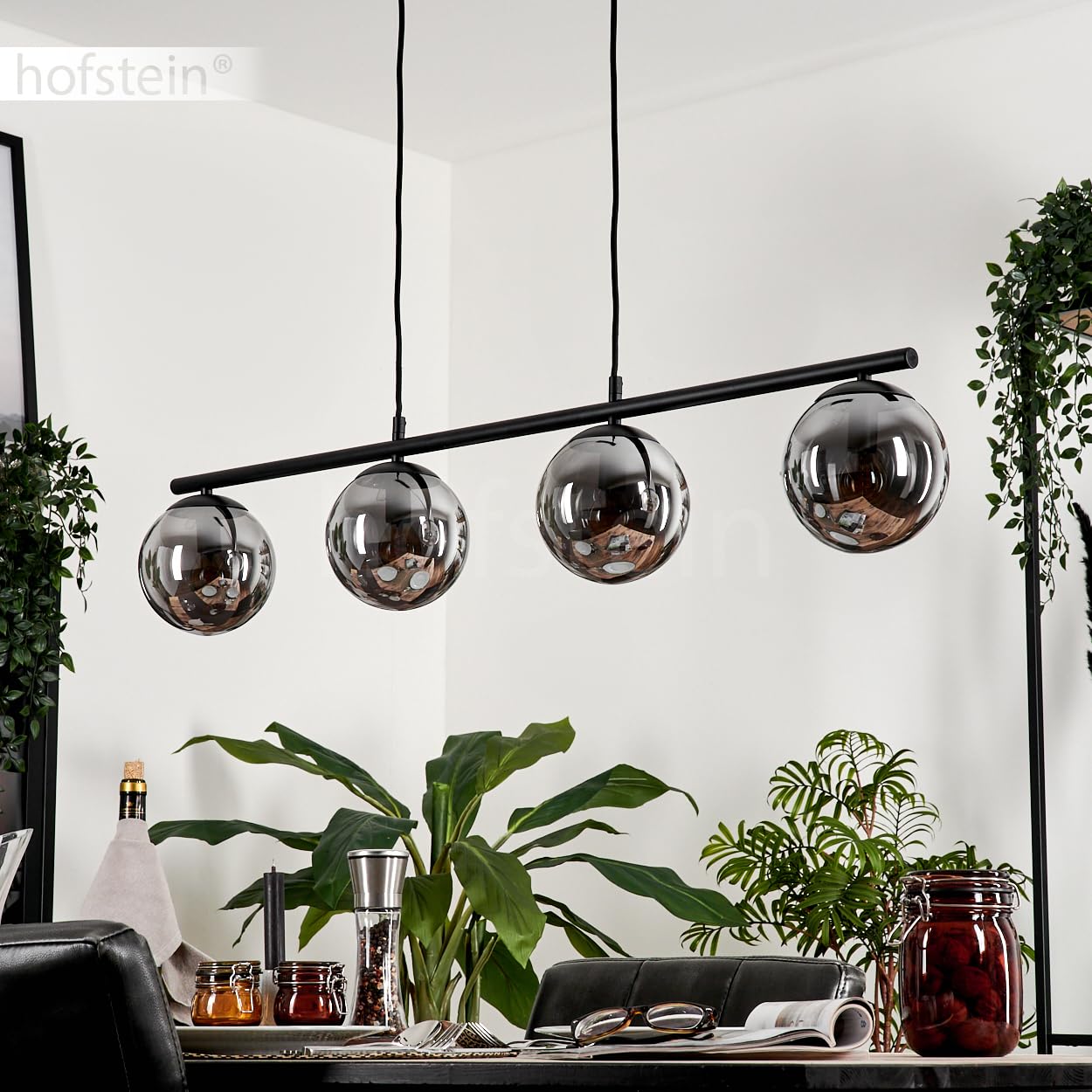 HOFSTEIN Gastor hanglamp, 5-lichts hanglamp van metaal/glas in zwart/rook/ helder, vintage design ( 20cm), E27, hanglamp in hoogte verstelbaar max. 140cm, eetkamer, woonkamer, keuken