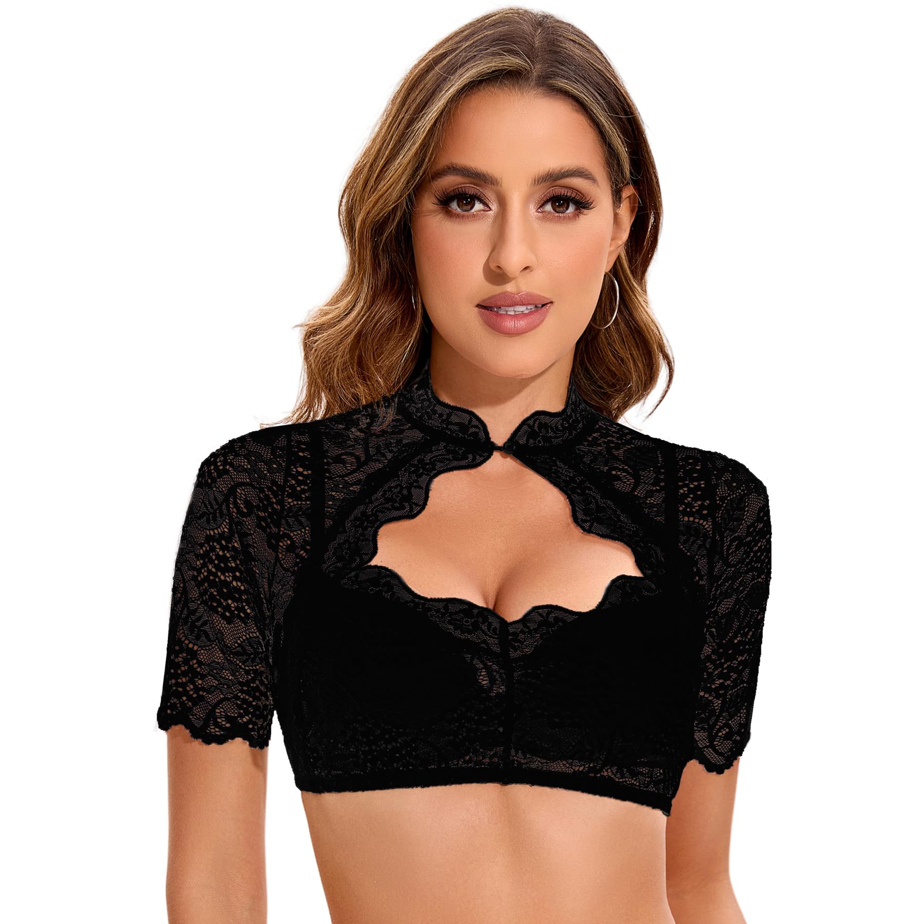 Adisno Dirndl Bluse Damen,Dirndlbluse,Dirndl Bluse,Dirndlbluse Spitze,Stehende Dirndlbluse mit Besonderen Aussparungen auf der Brust (DE/NL/SE/PL, Numerisch, 40, Regular, Regular, Schwarz)