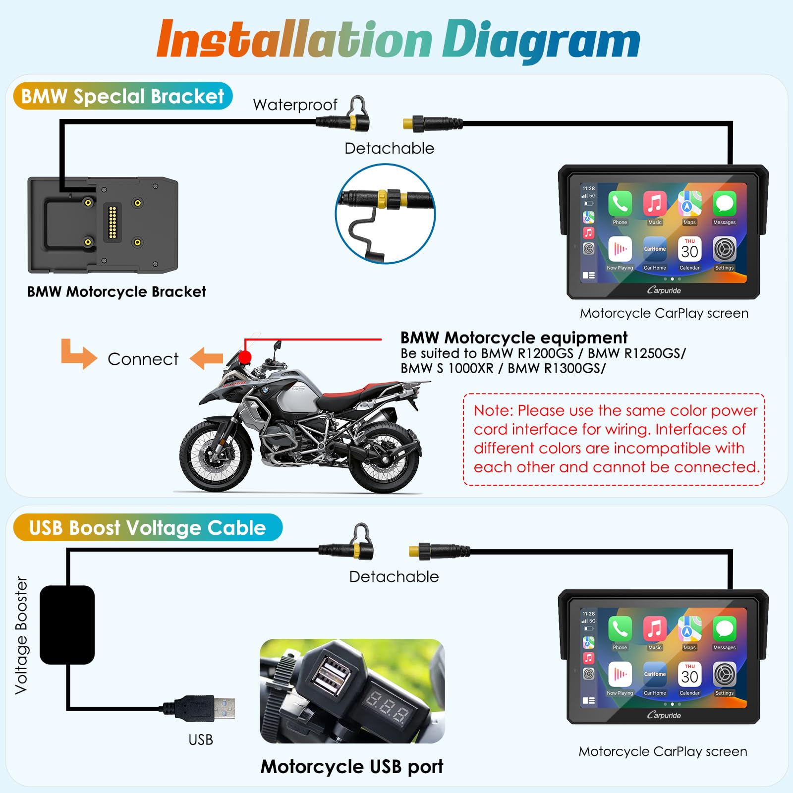 Carpuride w502B motocykl Carplay ekran do motocykla BMW R1200GS R1250GS S1000XR, wodoodporny ekran dotykowy, przenośna nawigacja GPS Carplay/Android do motocykla, podwójny Bluetooth