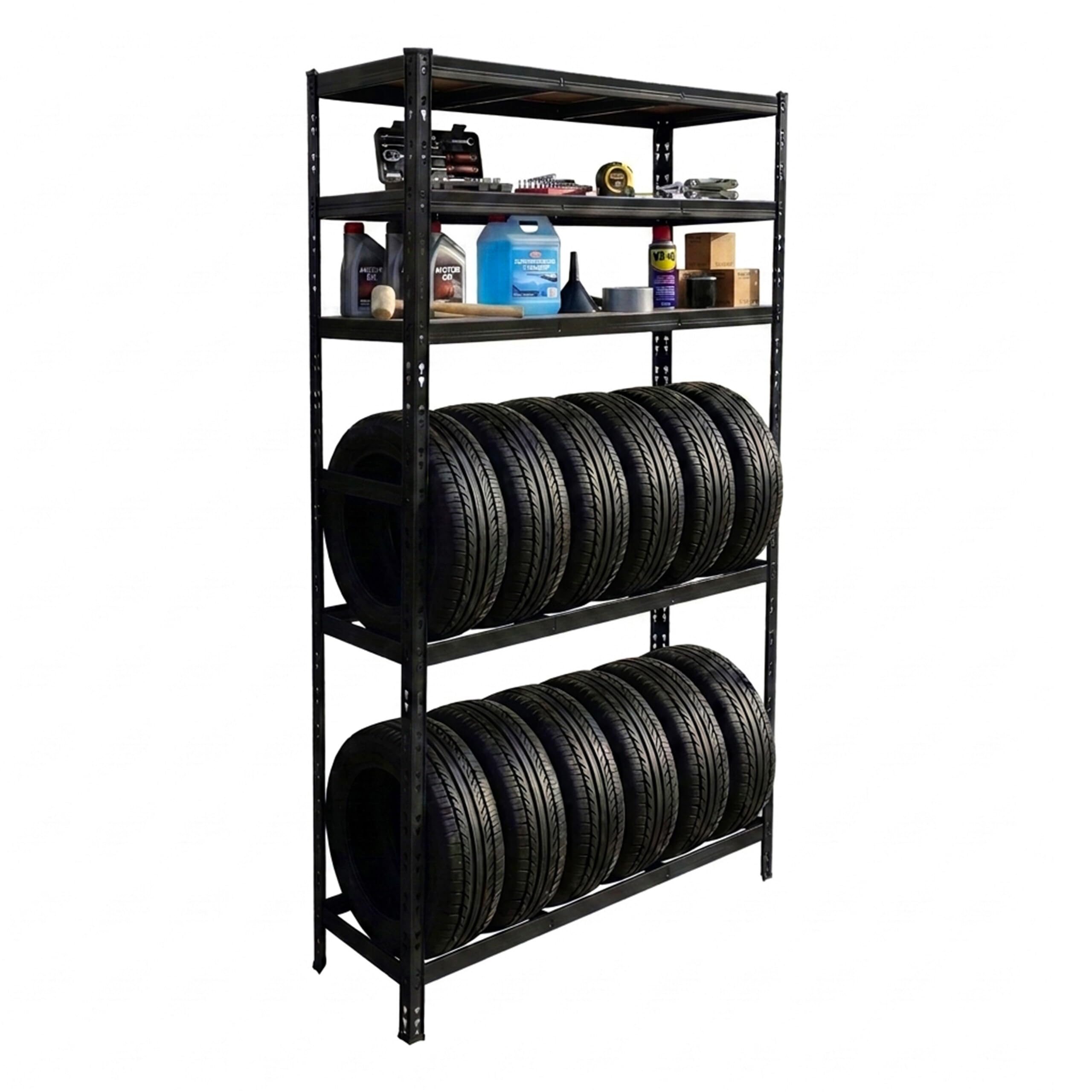 Relaxdays estantería para 12 neumáticos 210x120x40 cm, 750 kg, Acero, Montaje sin Tornillos, para Taller, Negro