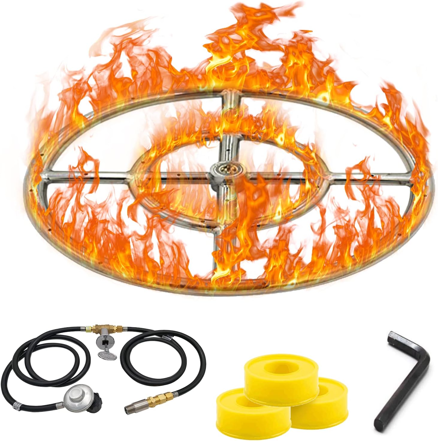 Gas Fire Pit Set, 12" Stainless Steel Fire Ring 90000 BTU Installation Kit, CSA Connection Kit for Outside Patio Including 5FT Hose, Key Valve, Brass End, Propane Pressure Connector, Mixer Regulator