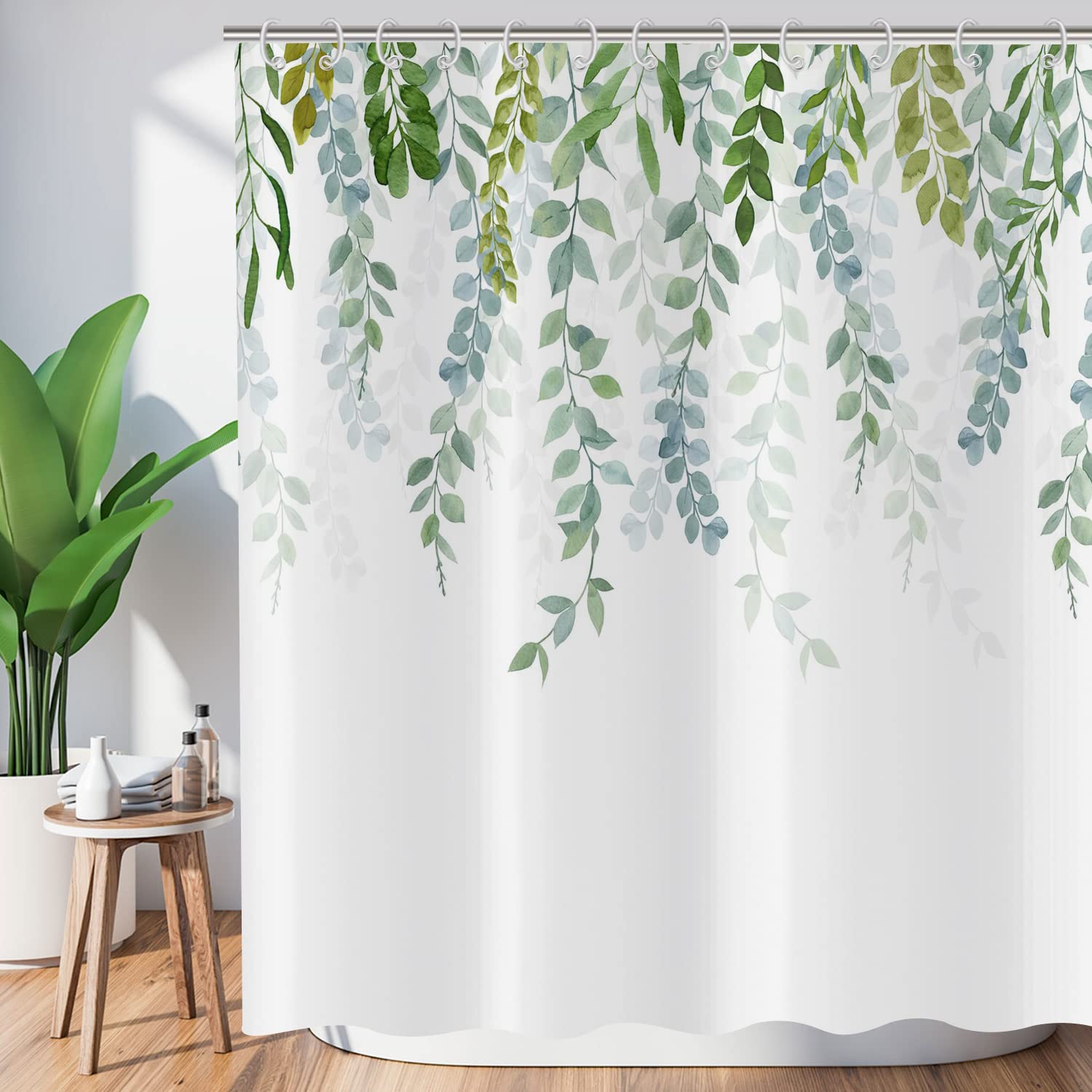 ASDCXZ Leaves Shower Curtain 120x200 cm, Spring Simplicity Hand Painted Green Leaves White Bath Washable Shower Curtains Polyester Textile Waterproof Bath Curtain for Bathtub with 8 Hooks — image 1