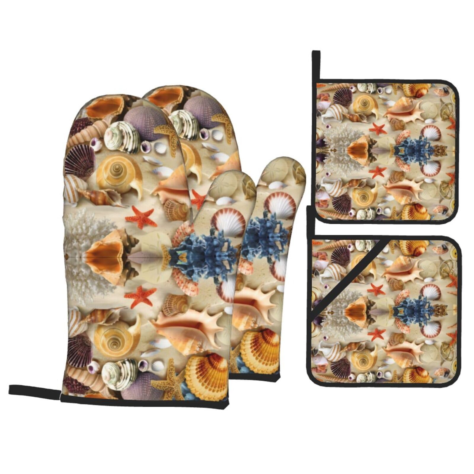 WHJSHOP Starfish Seashell Sandy Beach Theme Prints Kitchen Layers: Waterproof Oven Covers for Safe Handling & Easy Cleanup – 4 Piece Heat Protection Bundle