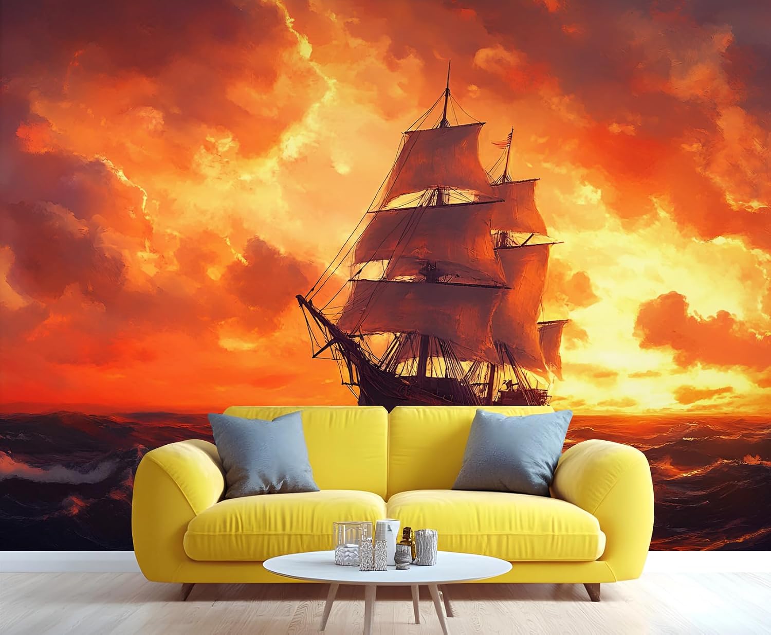 3D Modern Canvas Wallpaper Mural Baroque Pirate Ship Canvas Velvet Sails Ambiance Peel and Stick Removable Self Adhesive Wall Stickers for Living Room Kids Bedroom Home Decor 118"（W） x 78"（H）