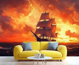 JUYAINU Sailing 3D Mural, Sailboat Wall Murals, Sunset Scenery Wallpaper, Large Mural for Living Room Theme Hotel Background Wall Decor - 79" x 55" (Not Peel n' Stick)