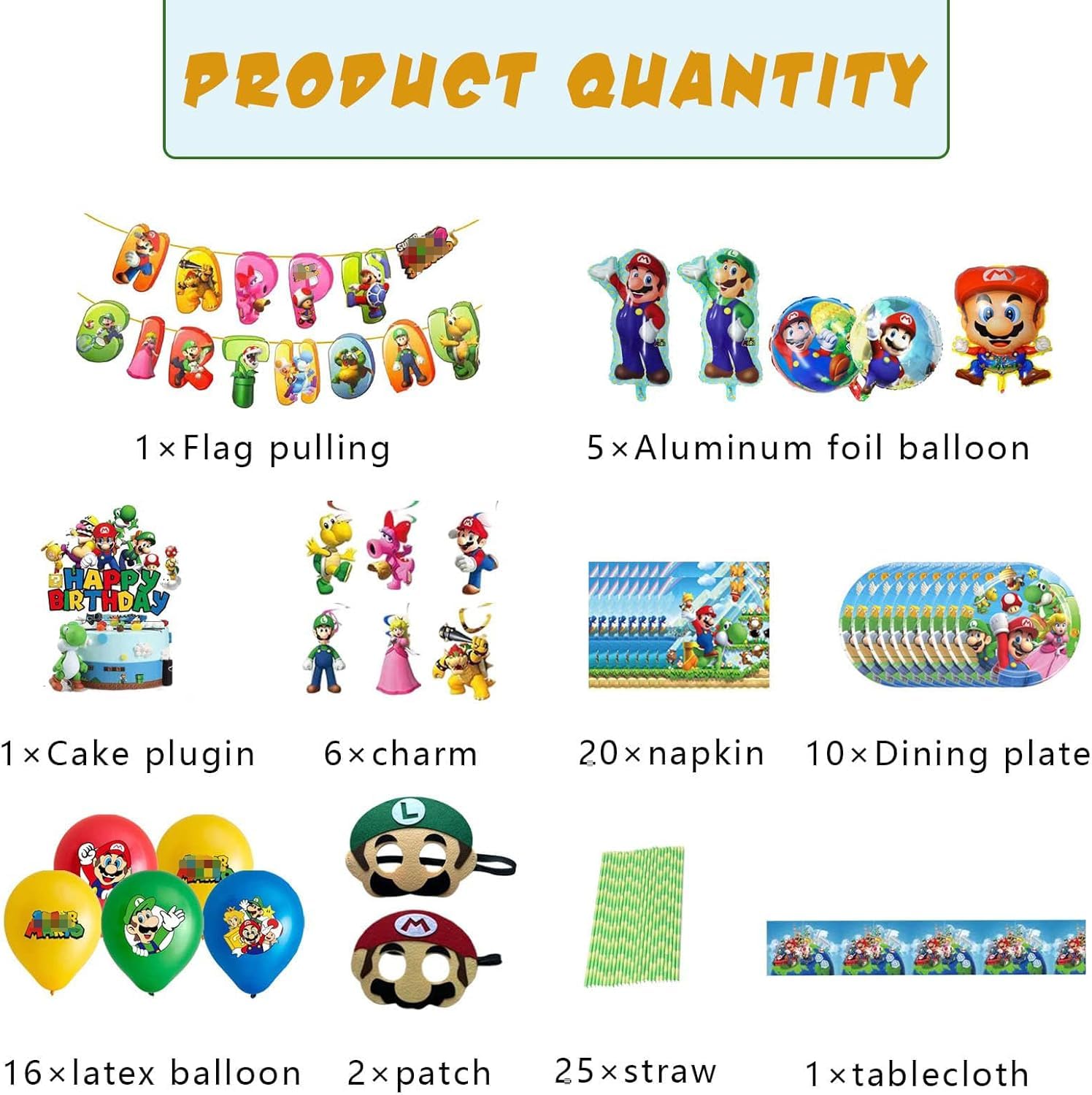 Set di decorazioni per compleanno per bambini da 87 pezzi, Include striscione, Decorazione per torta, Tovaglia, Vassoio di carta, Palloncino, Tovagliolo di carta, Maschera per gli occhi