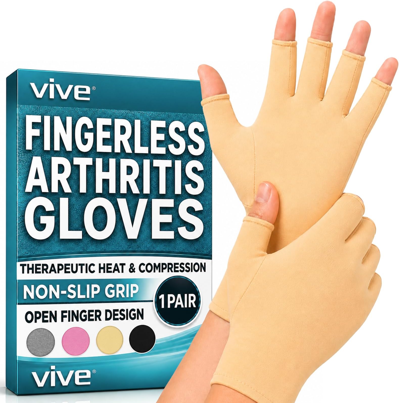 Vive Arthritis Gloves - Men, Women Rheumatoid Compression Hand Glove | Osteoarthritis- Arthritic Joint Pain Relief - Carpal Tunnel Wrist Support - Open Finger, Fingerless Thumb for Computer Typing