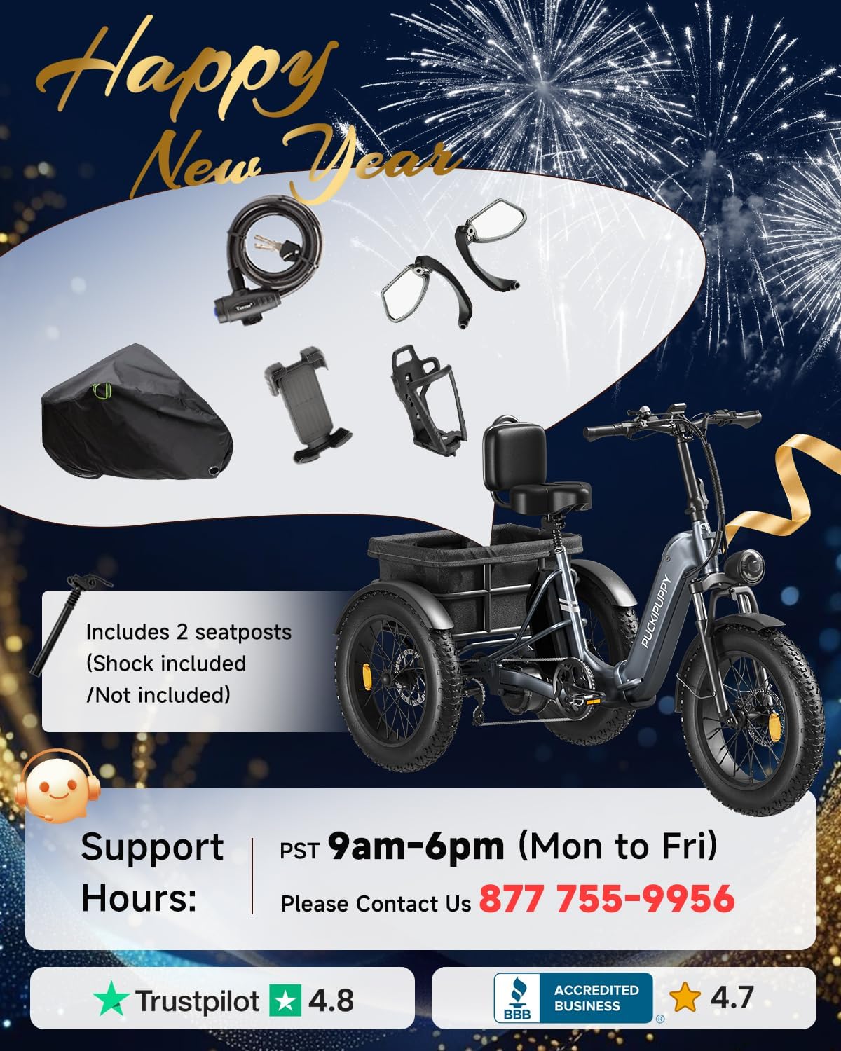 PUCKIPUPPY Electric Tricycle for Adult with 960W Peak Motor, 60 Miles Range Pickup Class Trike, 500 Lbs Load Electric Trike with Rear Differential and 20” Fat Tires, 48V 17.4AH Cell Battery, Husky