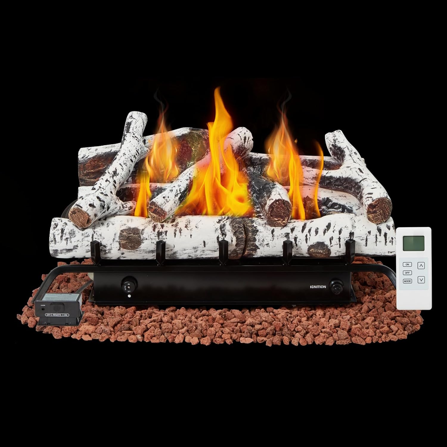 EROMMY 27 Inch Ventless Fireplace Logs Set with Remote Control, Only Used for LP/Propane, 30000 BTU, Birch Wood, White