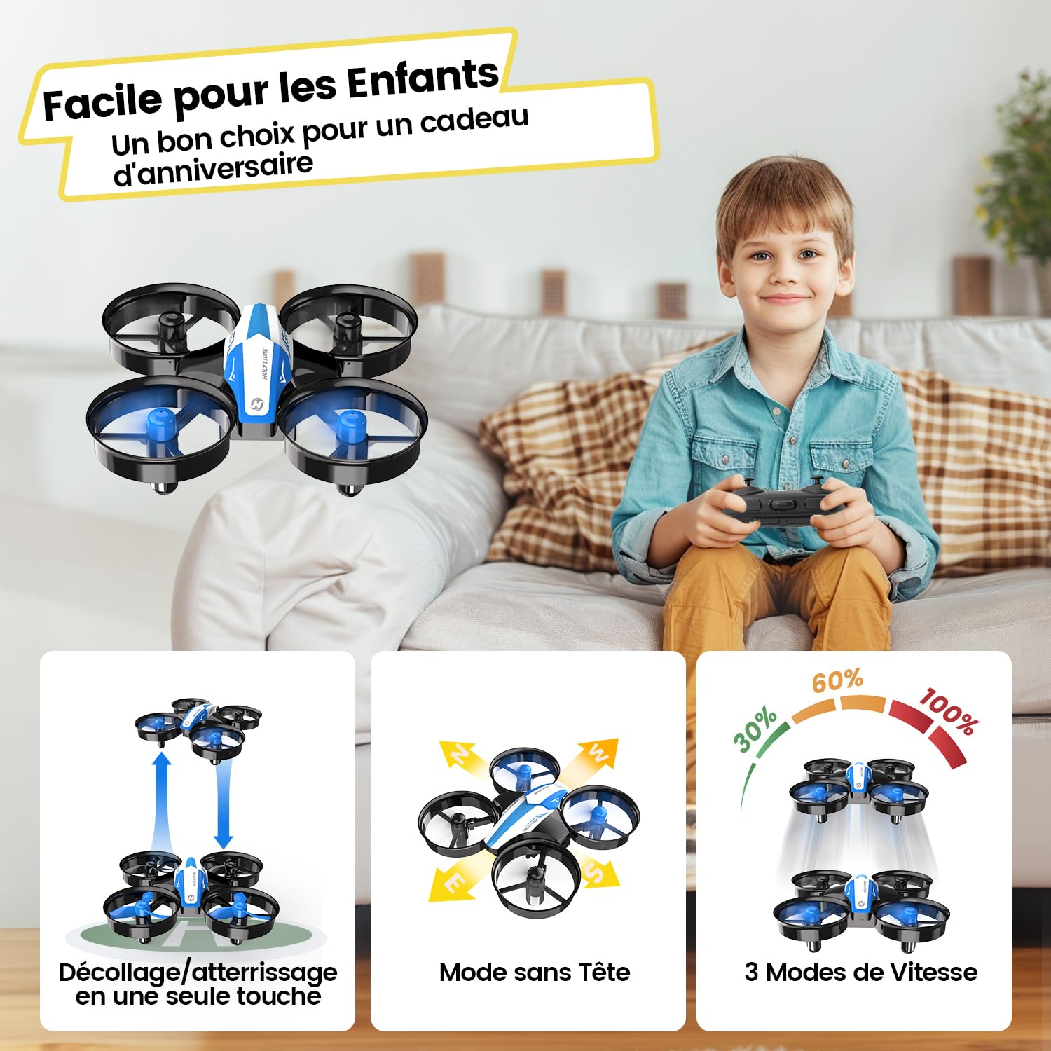 Holy Stone HS210 Mini Drone pour Enfants et Débutants RC Nano Hélicoptère D'intérieur avec mise en vol Automatique, Flip 3D, Mode sans tête et 3 Piles, Superbe Cadeau pour Garçons et Filles, Bleu