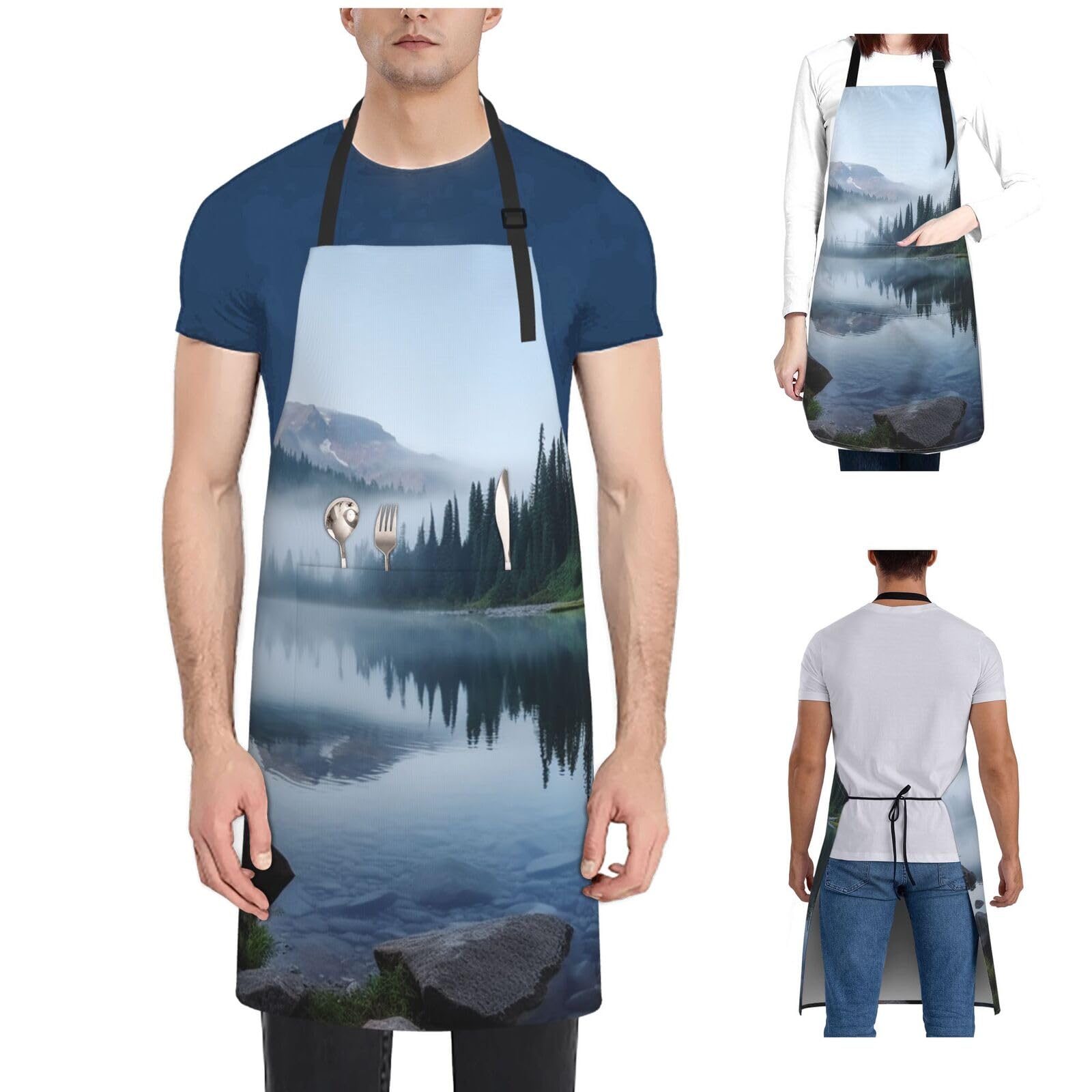 peiyeety Foggy Lake by Mount Rainier Aprons with 2 Pockets Waterproof for Women Chef Men Bib Adjustable Work Extra Long Grilling for Kitchen Cooking Baking