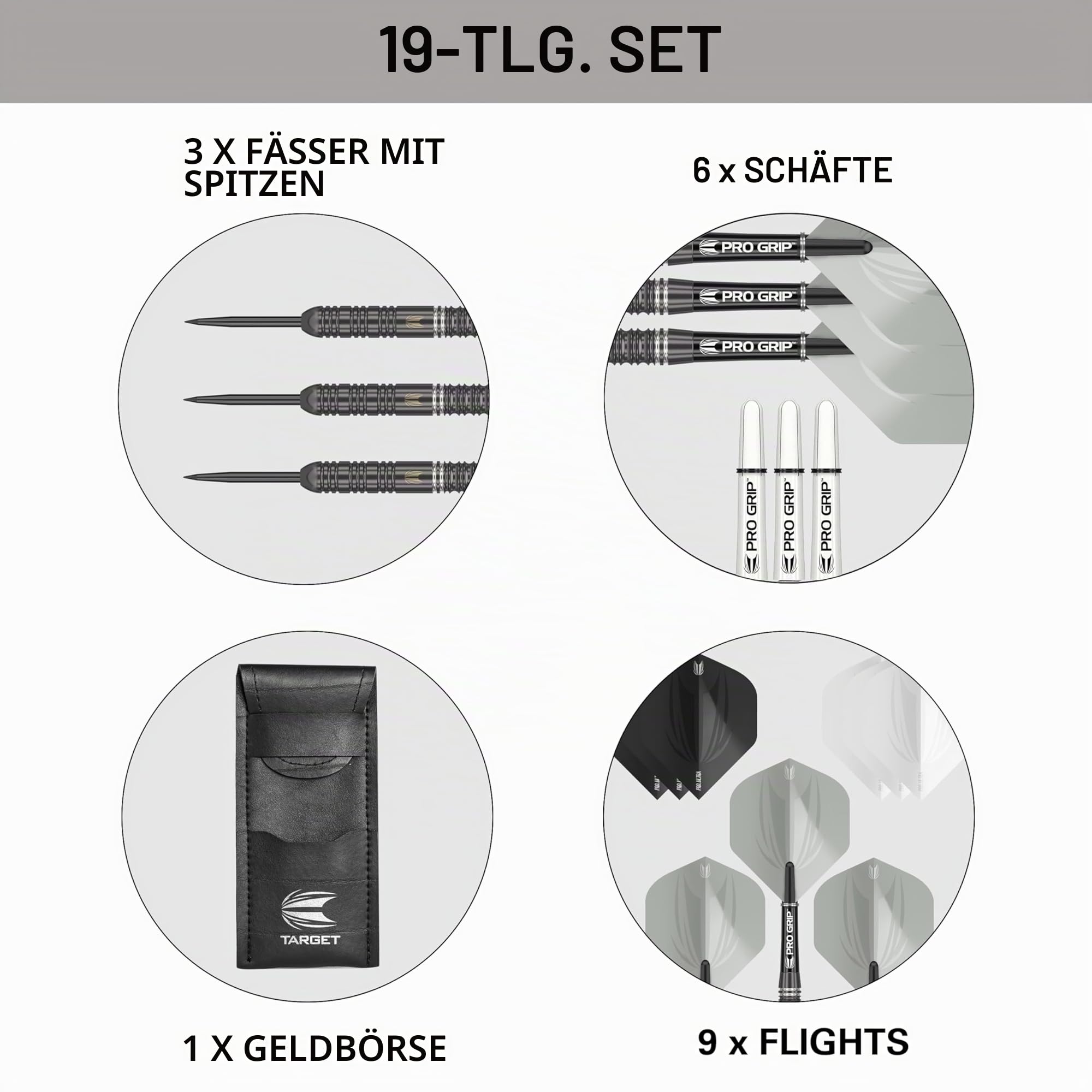 Target Darts Ares 22G/23G/24G Wolfram Stahlspitze Dart Satz Dartpfeile - 6 Pro Grip Schäfte - 9 Pro Ultra Dart Flights – Dart Wallet - Dart Counter App Coupon Bundle