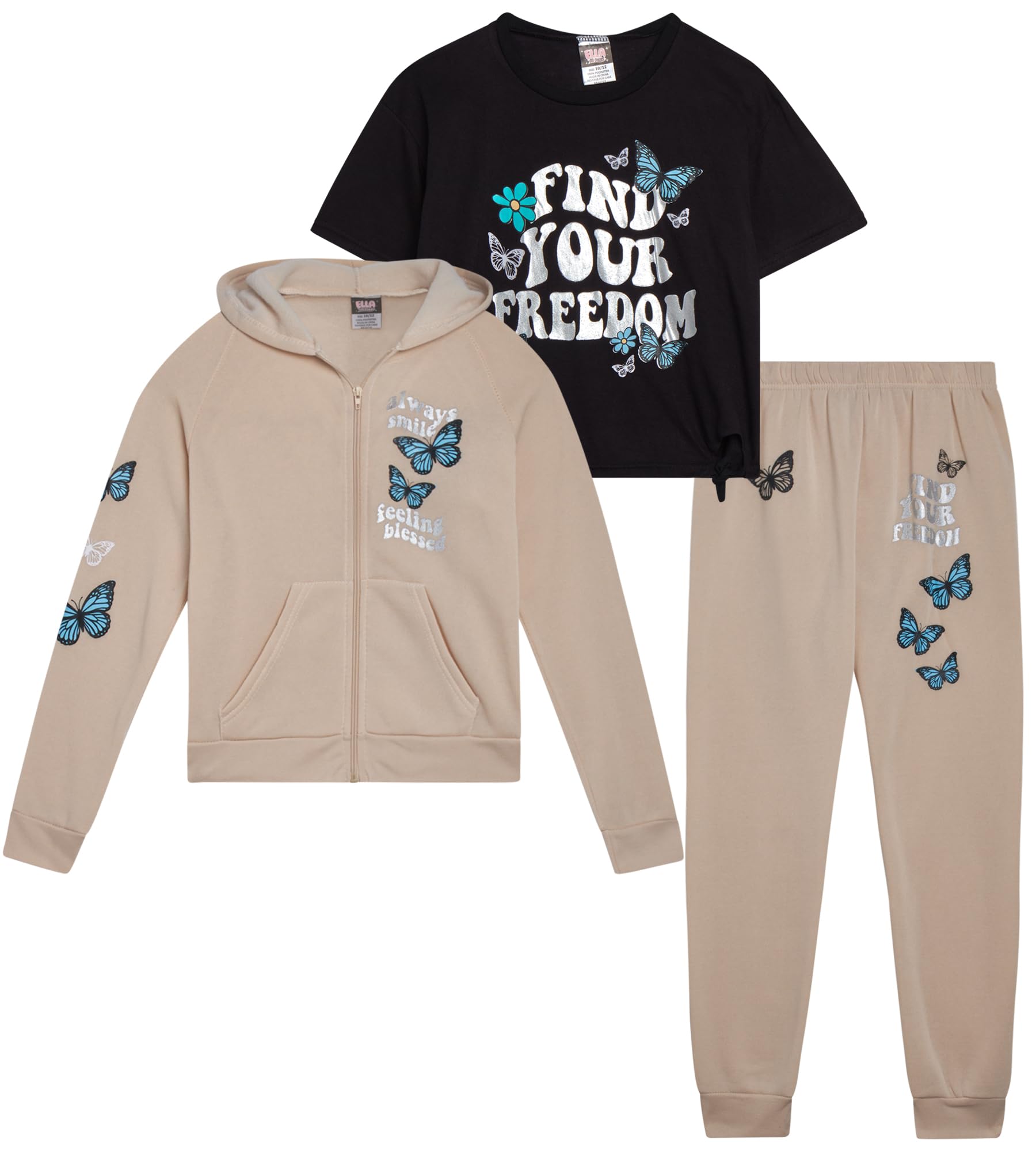 Girls Sweatsuit Set - 3 Piece Soft Fleece Zip Up Hoodie Graphic Tees and Jogger Sweatpants for Girls