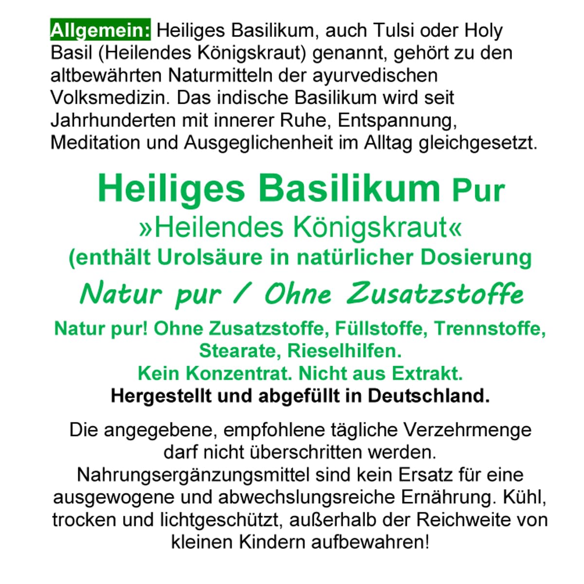 TULSIBASILIKUM 360 Kapseln Heiliges TULSI-BASILIKUM Holy-BASIL Ayurveda "indisches Königskraut" - Meditation Ruhe Entspannung - Ausgeglichen im Alltag. NATUR pur. OHNE ZUSATZSTOFFE. 26700-360