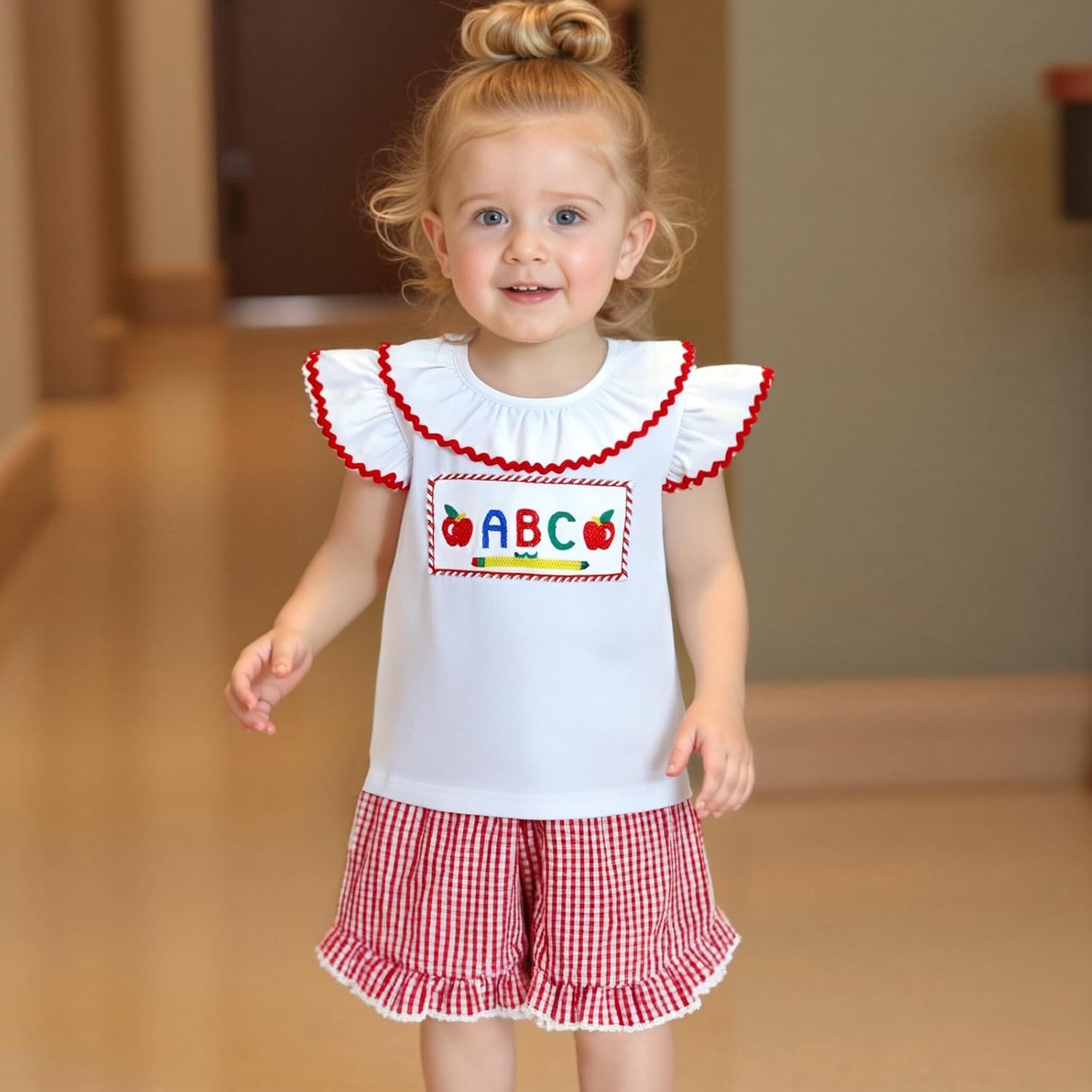 Toddler Baby Girl Summer Clothes Letter Print Flying Sleeve Shirt Top Plaid Shorts Set Cute Back to School Outfit - Image 2