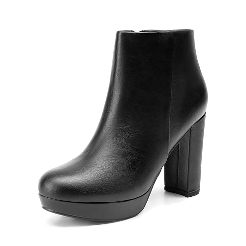 DREAM PAIRS Women's High Chunky Heel Ankle Boots Platform Short Ladies Booties - 8 - Black/Pu