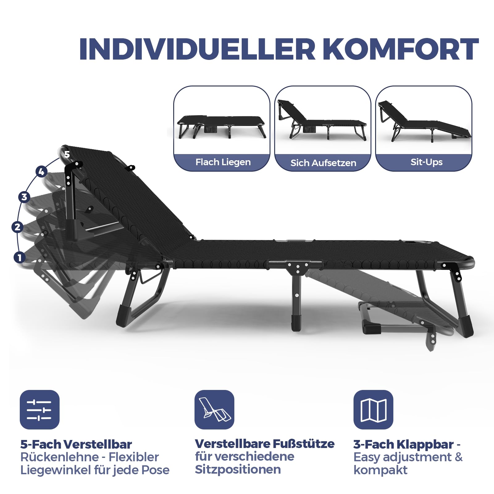 Campingbett Klappbar mit Matratze&Nackenkissen, 190x75x30cm bis 200KG, Tragbar Feldbett mit Groß Seitentasche, Sonnenliege Outdoor&Indoor, Gästebett Faltbar Oxford-Gewebe, Tragetasche, Schwarz
