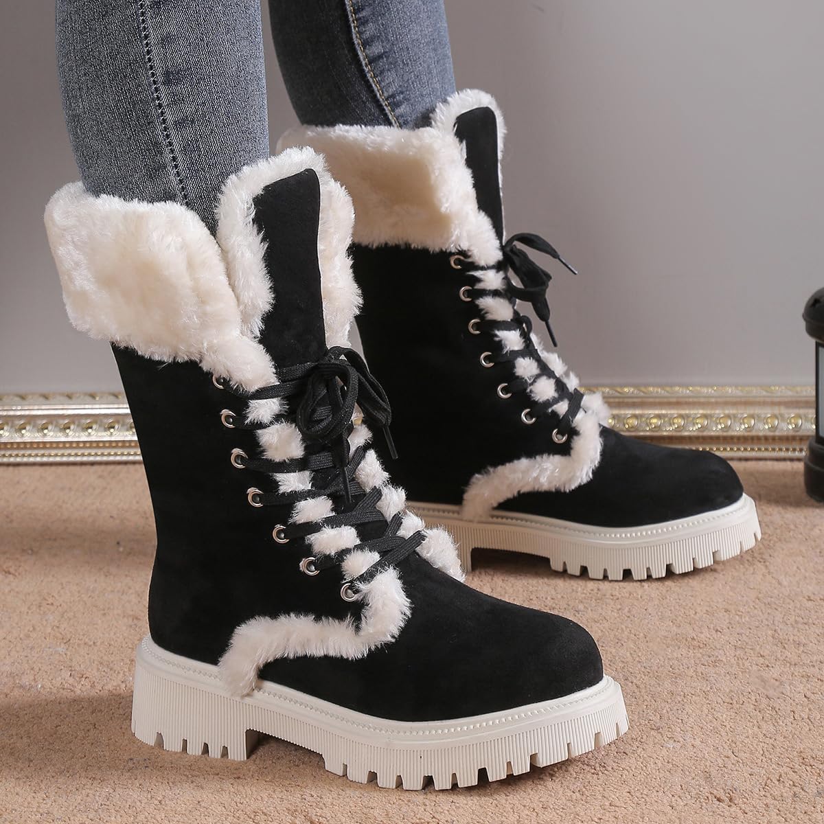 Women's Winter Snow Boots with Fur Lining, Chunky Heel, Lace-Up Mid Calf Boots for Warmth and Comfort (Light Brown,numeric_9)