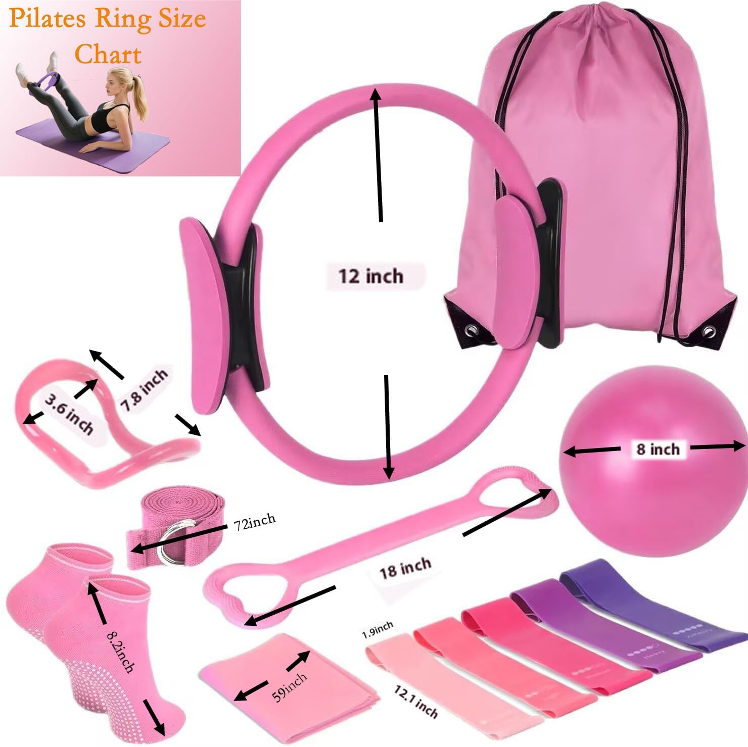 Women's Home Pink Global Pilates 13-Piece Basic Set, Home Pilates Fitness Equipment, Includes Resistance Bands, 14-Inch Magic Circle, Mini Ball, Pilates Strength, Shaping, and Flexibility Starter Kit. - Image 2