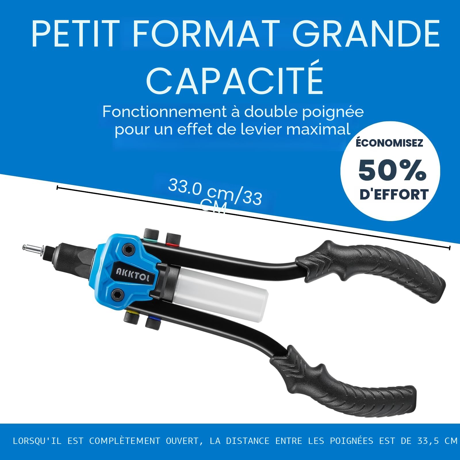 AKKTOL Pince a riveter pop 33cm ensemble 5en1 avec 210 rivets alu pour rivets aveugles Ø 6.4 à 2.4 mm en acier inoxydable alu | Riveteuse manuelle professionnelle