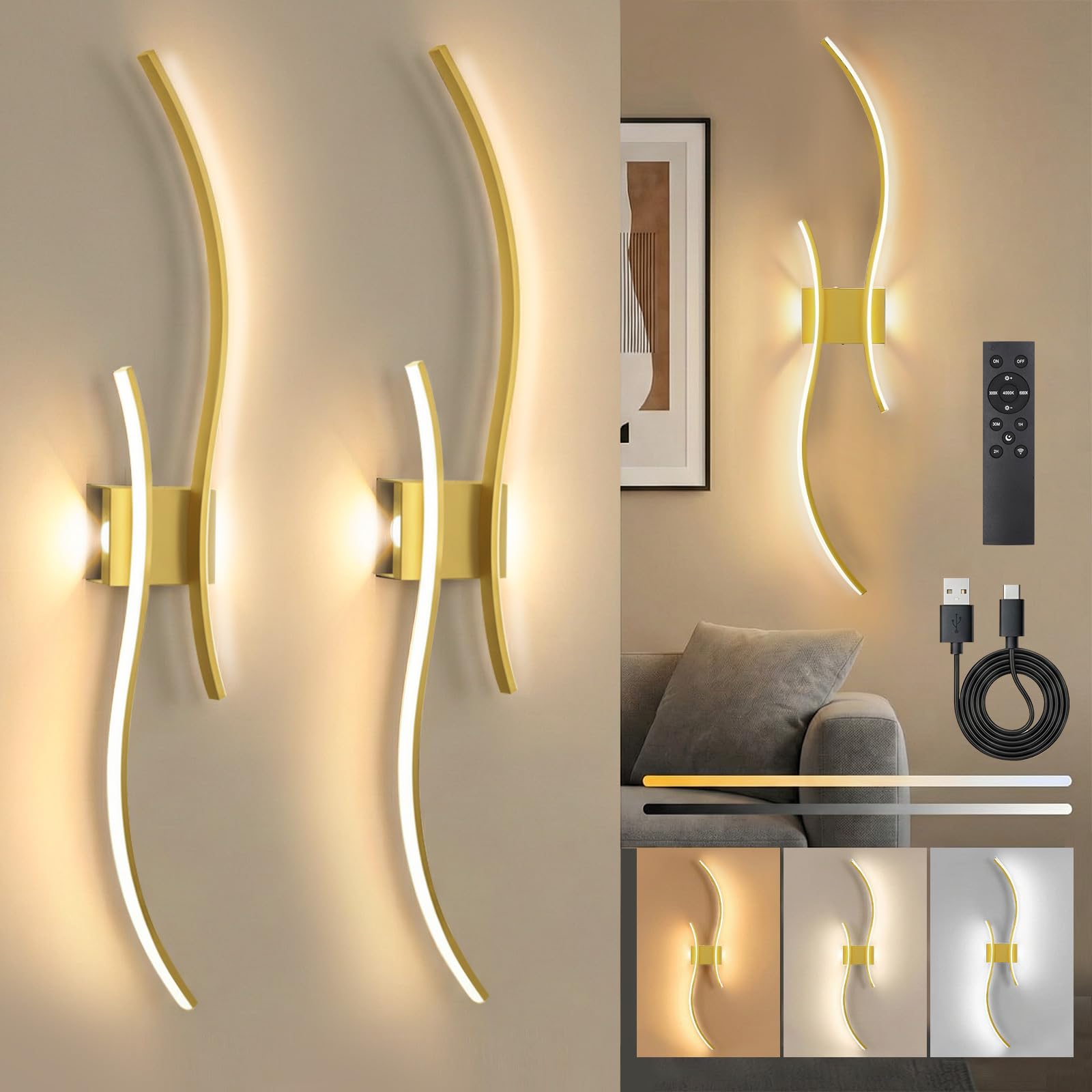 SERBASIC Battery Operated Wall Lights Indoor,100cm Rechargeable Wall Lights with Remote Touch Control,Stepless Colors 3000K-6000K,Wall Sconces for Living Room,Bedroom,Hallway