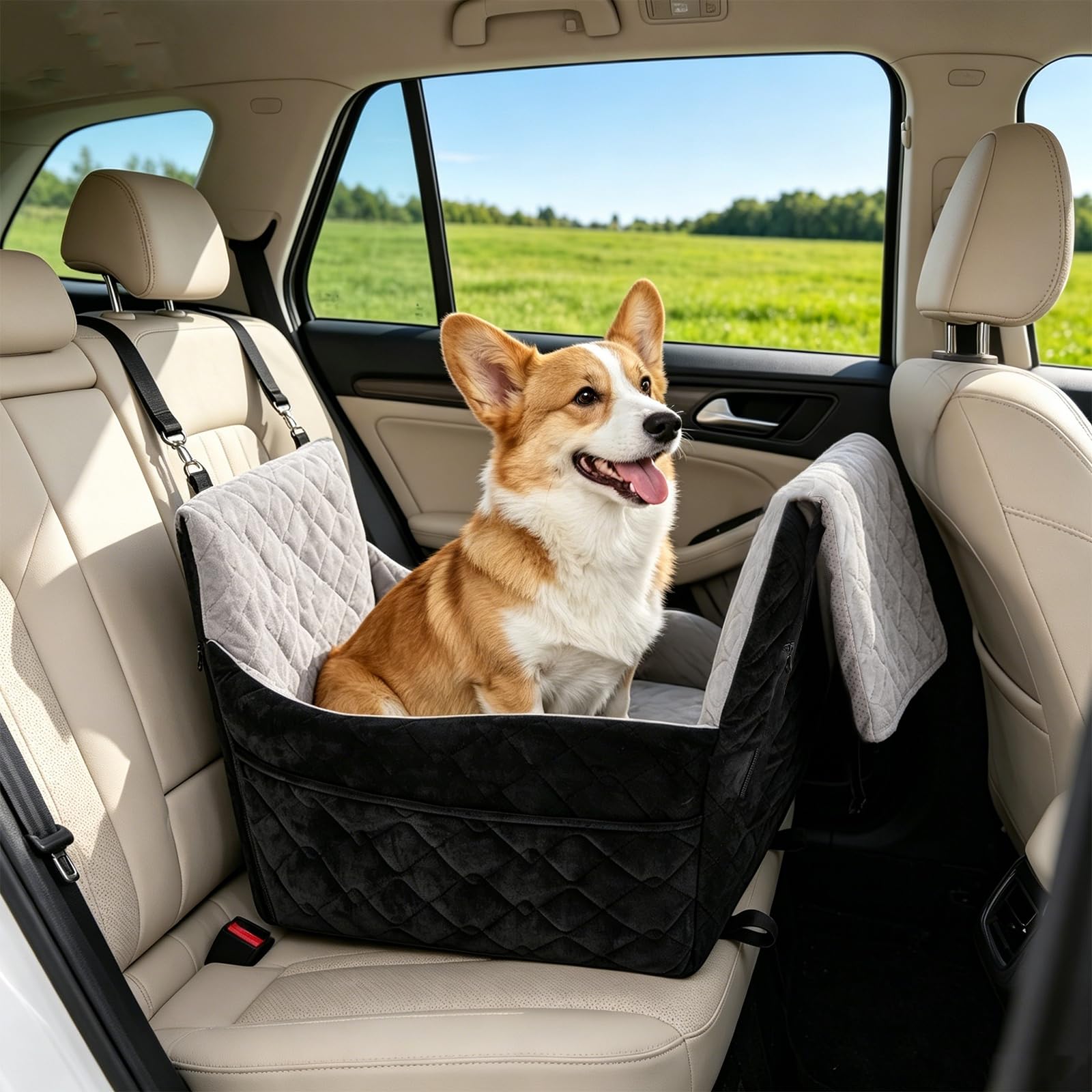 Erhöhter Hunde Autositz für kleine Hunde bis 16 kg mit Sicherheitsgurten | Hundeerhöhung für mittelgroße Hunde mit 2 Taschen, Hundesitz abnehmbarer & waschbarer Bezug + Kissen Stützschaum