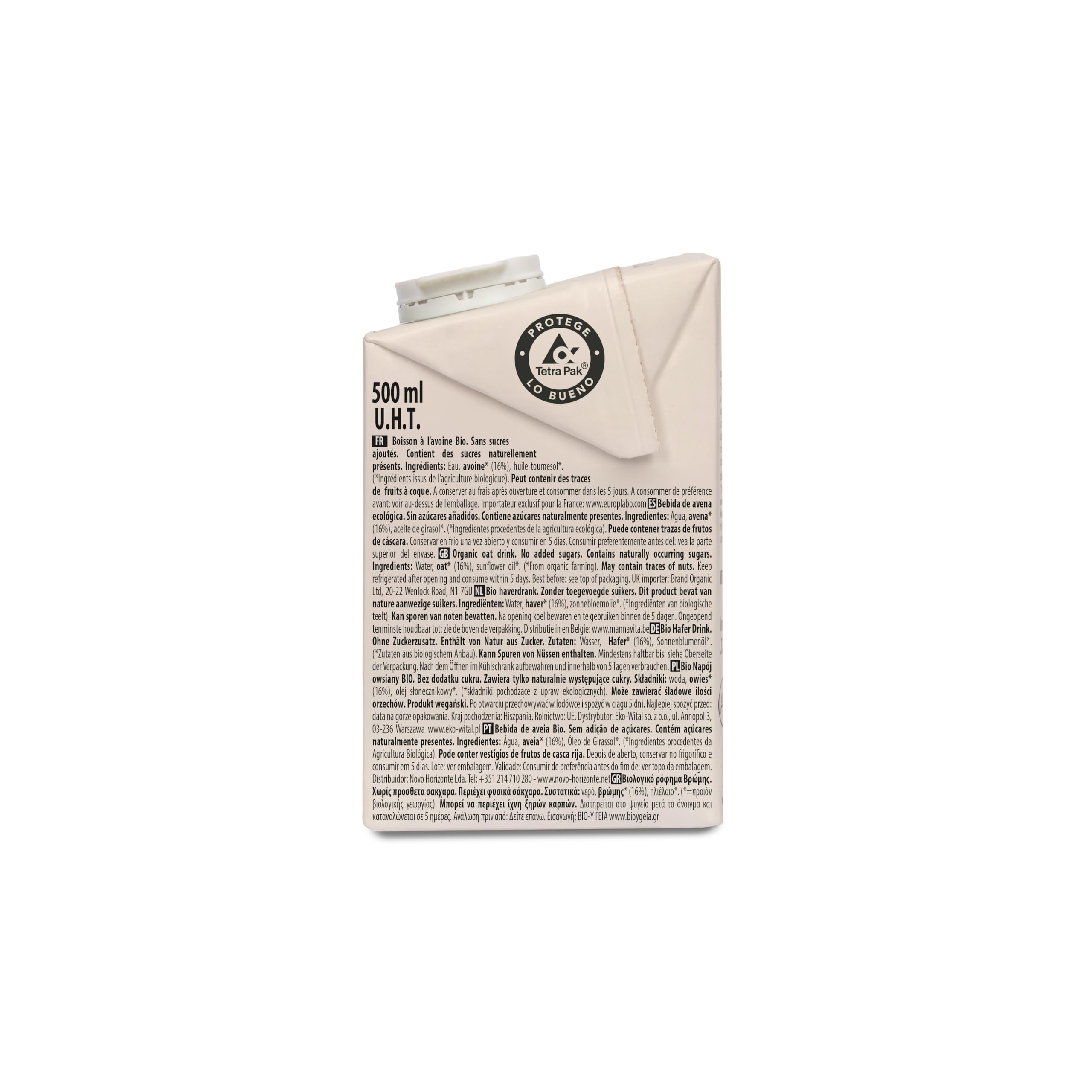 Ecomil Bebida de Avena 16% Bio Pack 6 x 500 ml, Sin Azúcares Añadidos, Vegana, Alternativa a la Leche
