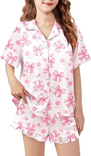 Arshiner Girls Pajamas Silk Satin Pajama Set Button Pjs Ruffle Sleepwear | 2 Piece Nightwear, Silky Soft Lounge for Little & Big Kids, Ideal for Sleeping and Sleepover Party
