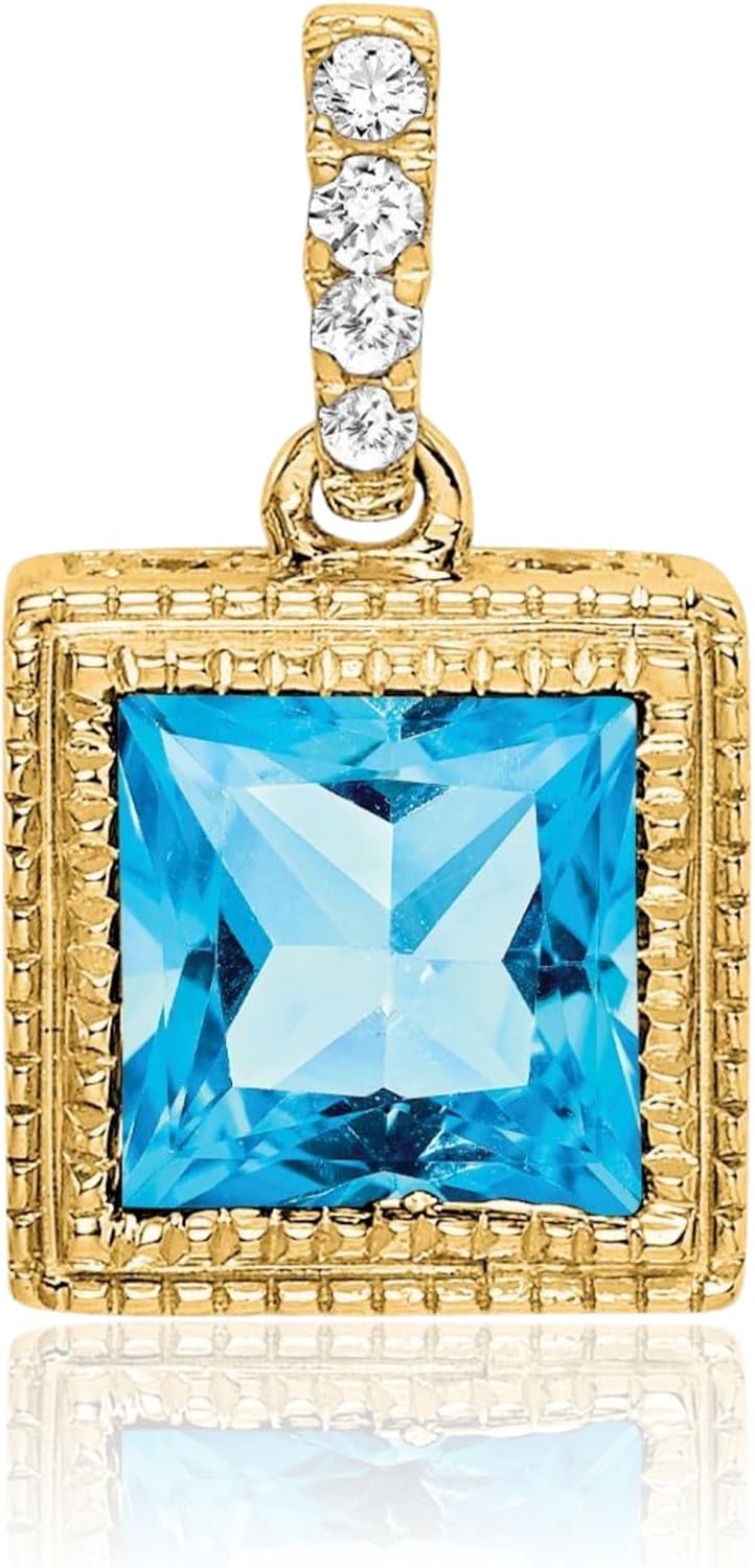 IceCarats 14K Solid Yellow Gold 1.19 carat Blue Topaz Diamond Small Beaded Square Pendant Necklace 14.2mm 0.6 inch Princess Cut, Natural, Prong Set For Her