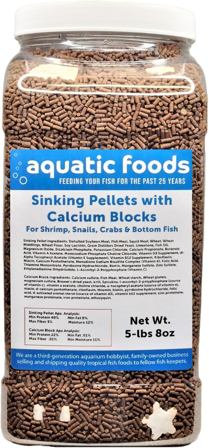 Aquatic Foods Inc. Calcium Blocks Included with Sinking Shrimp Pellets 40% Protein, 1/16" x 3/8" Pellets for Shrimp, Snails, Crabs, Catfish, Plecos, All Tropical Fish, Zeigler…5-lb 8oz Lg Jar