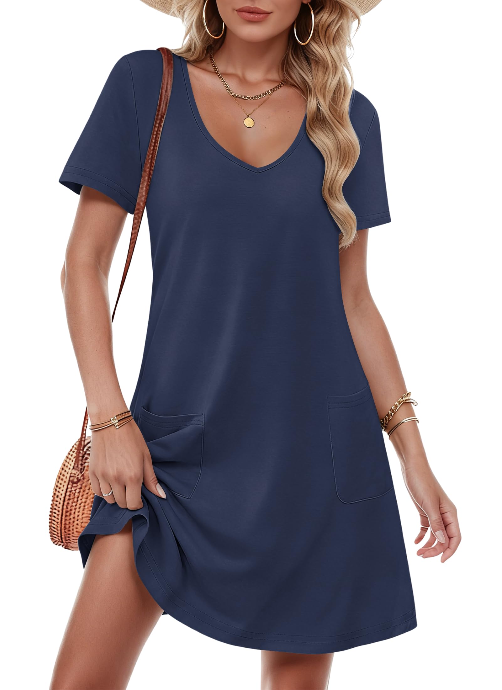 MOLERANI Dress for Women UK - Short Sleeve V Neck Casual Womens Dresses Sundresses with Pockets Navy 2XL