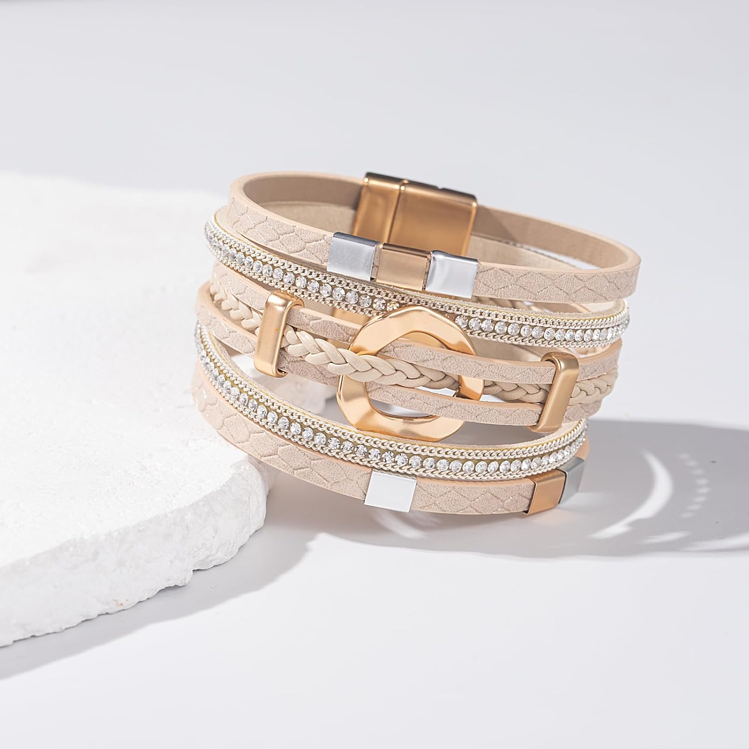 FANCY SHINY Boho Leather Wrap Bracelets Circle Square Bead Braided Handmade Stackable Bracelet Trendy Cuff Bangle for Women - Image 6