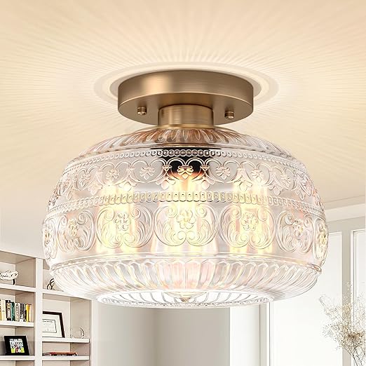 Semi Flush Mount Ceiling Light, Upgraded Modern Close to Ceiling Light Fixture with Clear Glass,Gold Indoor Kitchen Lighting for Porch Corridor Hallway Bedroom, Bulb Not Included