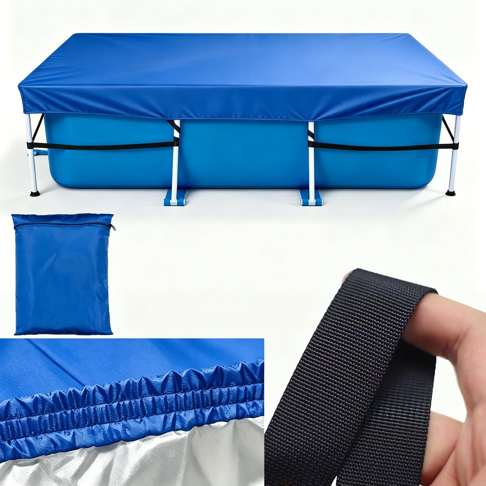 Bâche de piscine rectangulaire de 300 x 200 cm avec élastique intégré et sangle solide - Montage facile - Empêche le glissement (bleu)