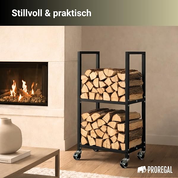 PROREGAL Phoenix log rack with wheels and 2 levels | For indoor and outdoor use | HxWxD 82x44x28 cm | Metal | Black | Log Rack - 3