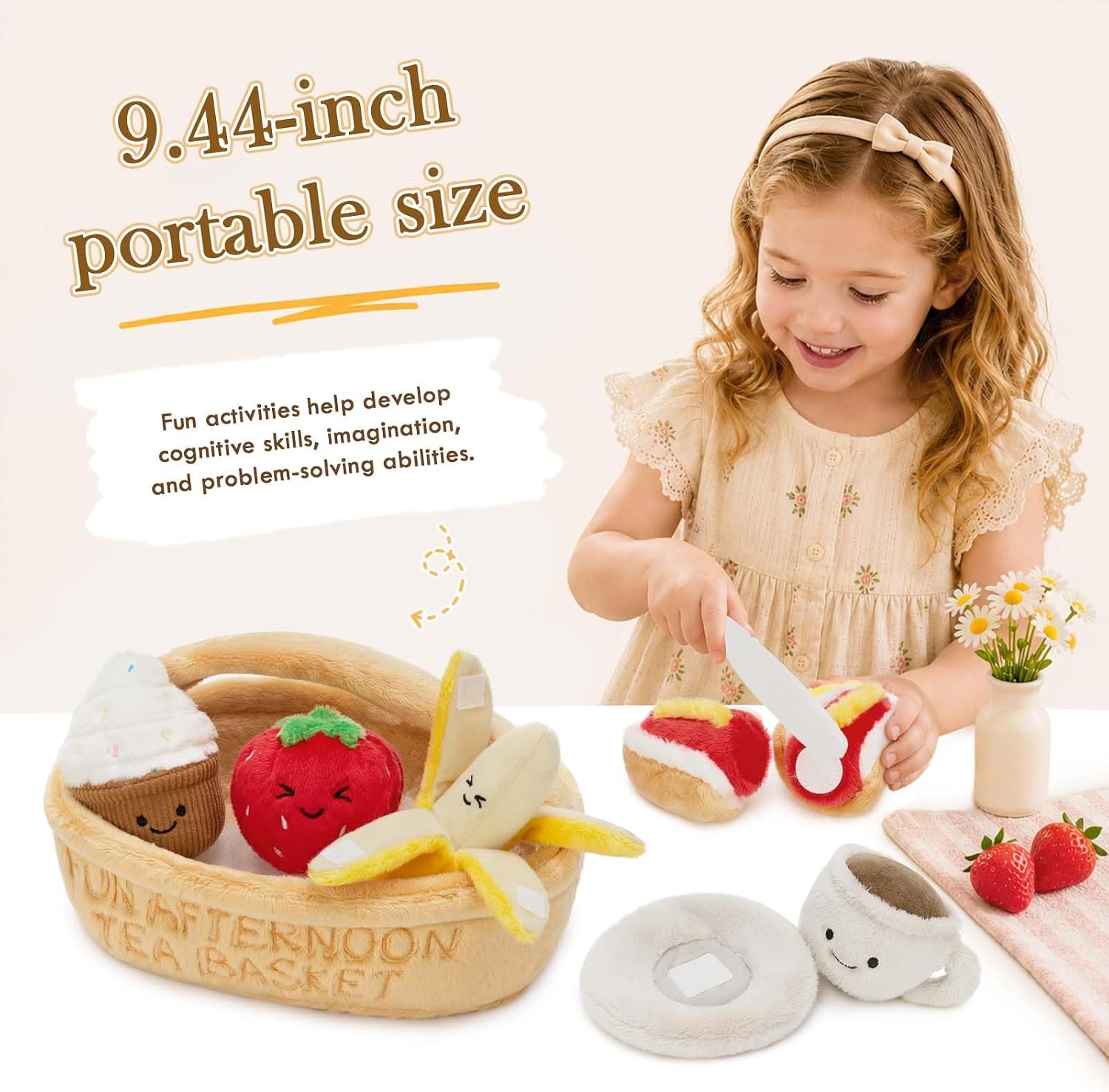 MaoGoLan Plush Tea Sets for Toddlers, 7pcs Tea Party Plush Set Cutting Pretend Play Food Sets Toys for Kids with Cups, Desserts, Fruits, Basket, Birthday Gift for Girls Boys Children Toddlers