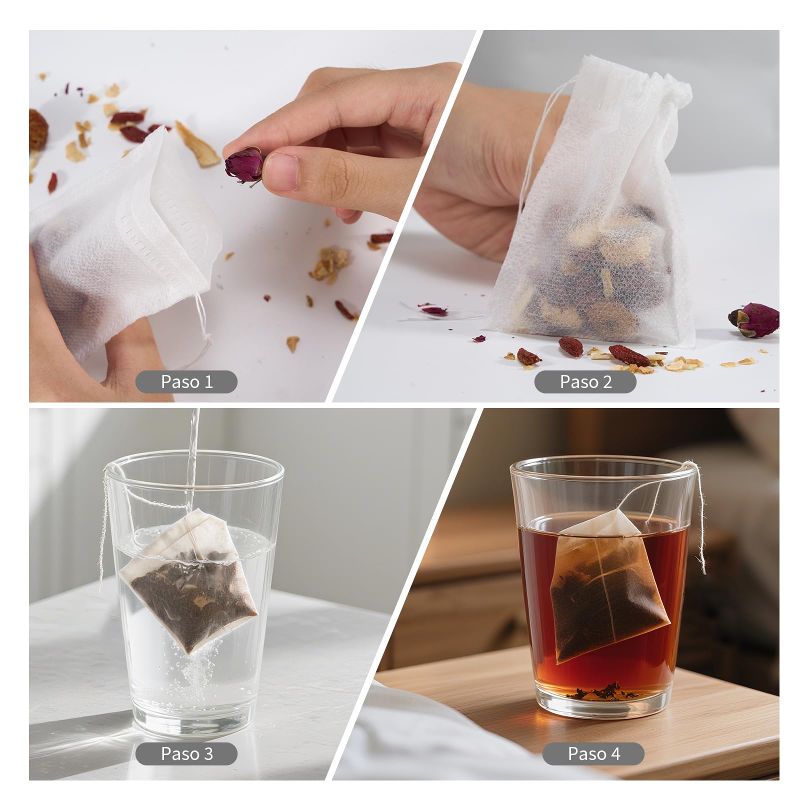 Bolsitas de Té Desechables para Rellenar con Cordón de Cierre 7 x 9 cm, Blanco